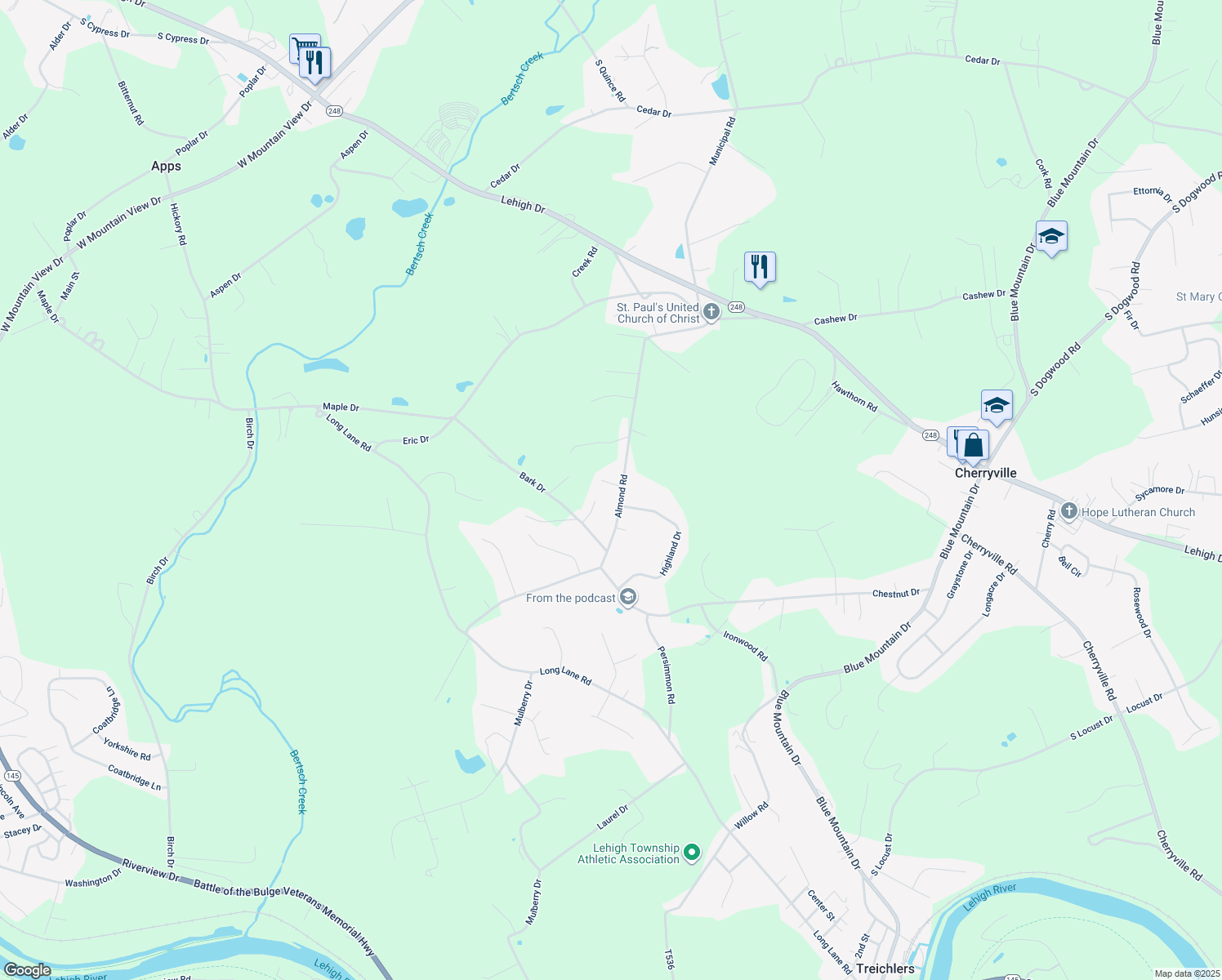map of restaurants, bars, coffee shops, grocery stores, and more near 691 Almond Rd in Walnutport