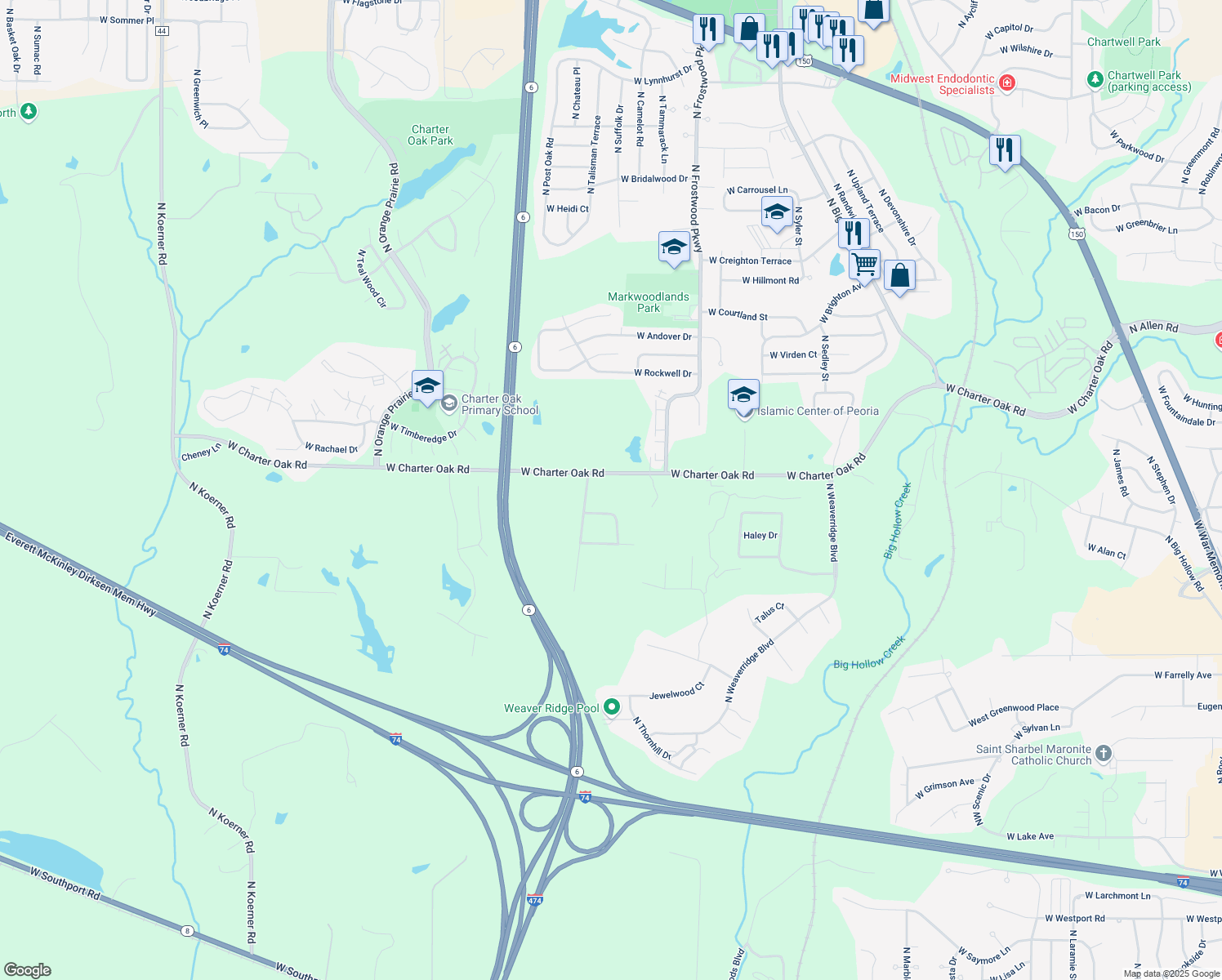 map of restaurants, bars, coffee shops, grocery stores, and more near 4608 West Charter Oak Road in Peoria