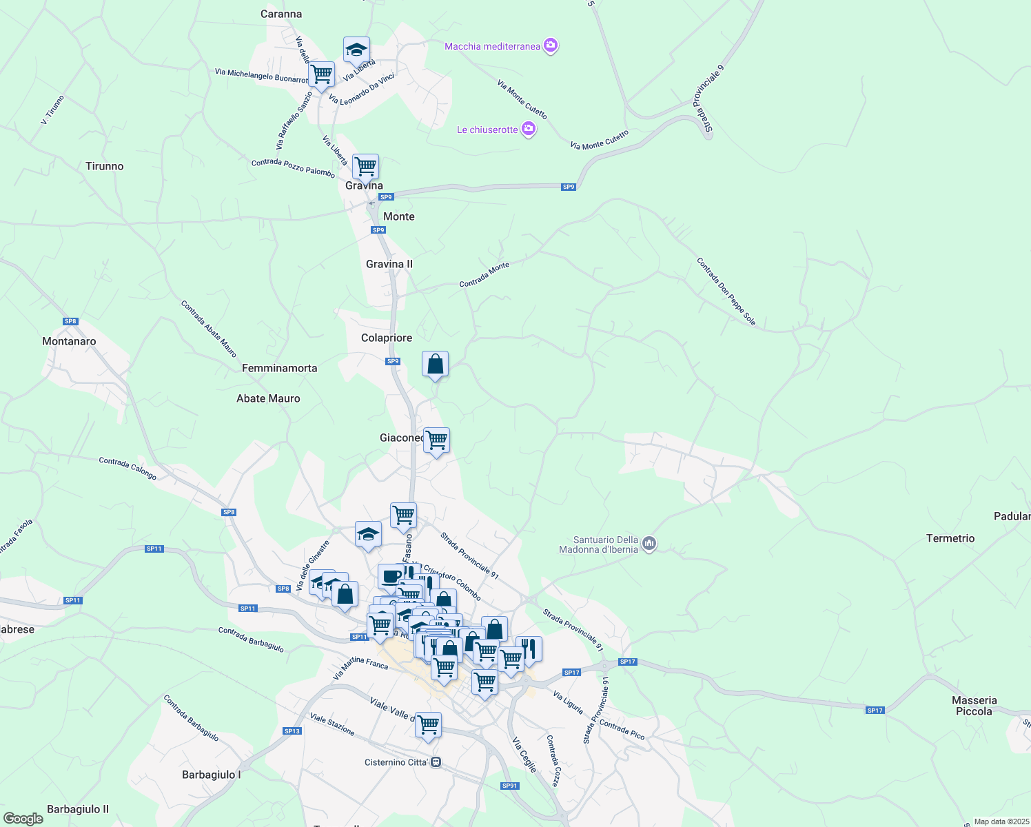 map of restaurants, bars, coffee shops, grocery stores, and more near 129 Contrada Colucci in Provincia di Brindisi