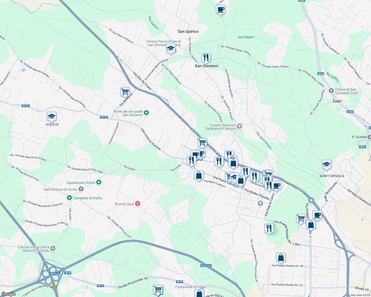 map of restaurants, bars, coffee shops, grocery stores, and more near 36 Via Tommaso Dessole in Provincia di Sassari
