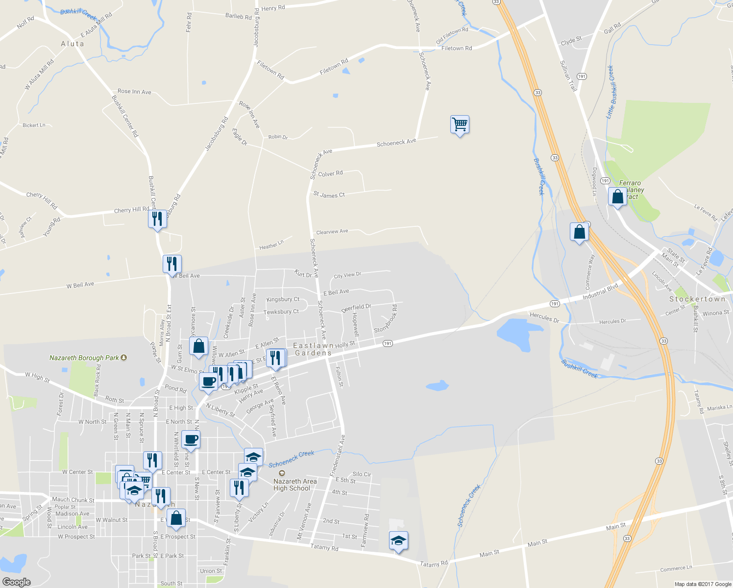 map of restaurants, bars, coffee shops, grocery stores, and more near 445 East Beil Avenue in Nazareth