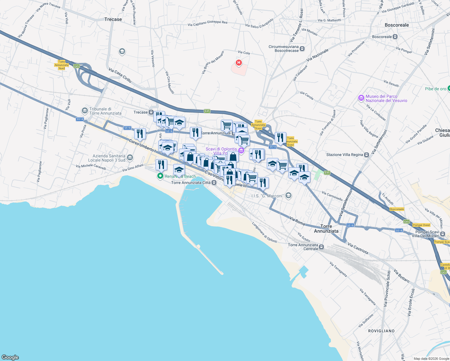 map of restaurants, bars, coffee shops, grocery stores, and more near 12 Via Vittorio Emanuele II in Torre Annunziata