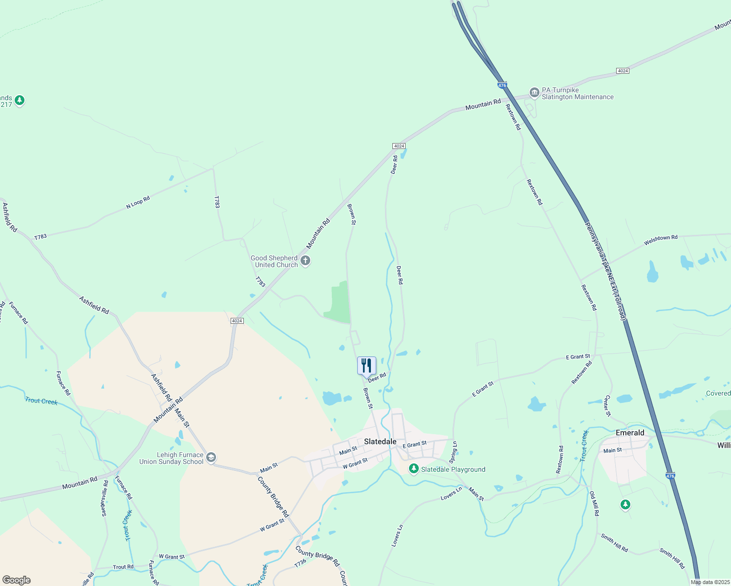 map of restaurants, bars, coffee shops, grocery stores, and more near 8663 Brown Street in Slatington
