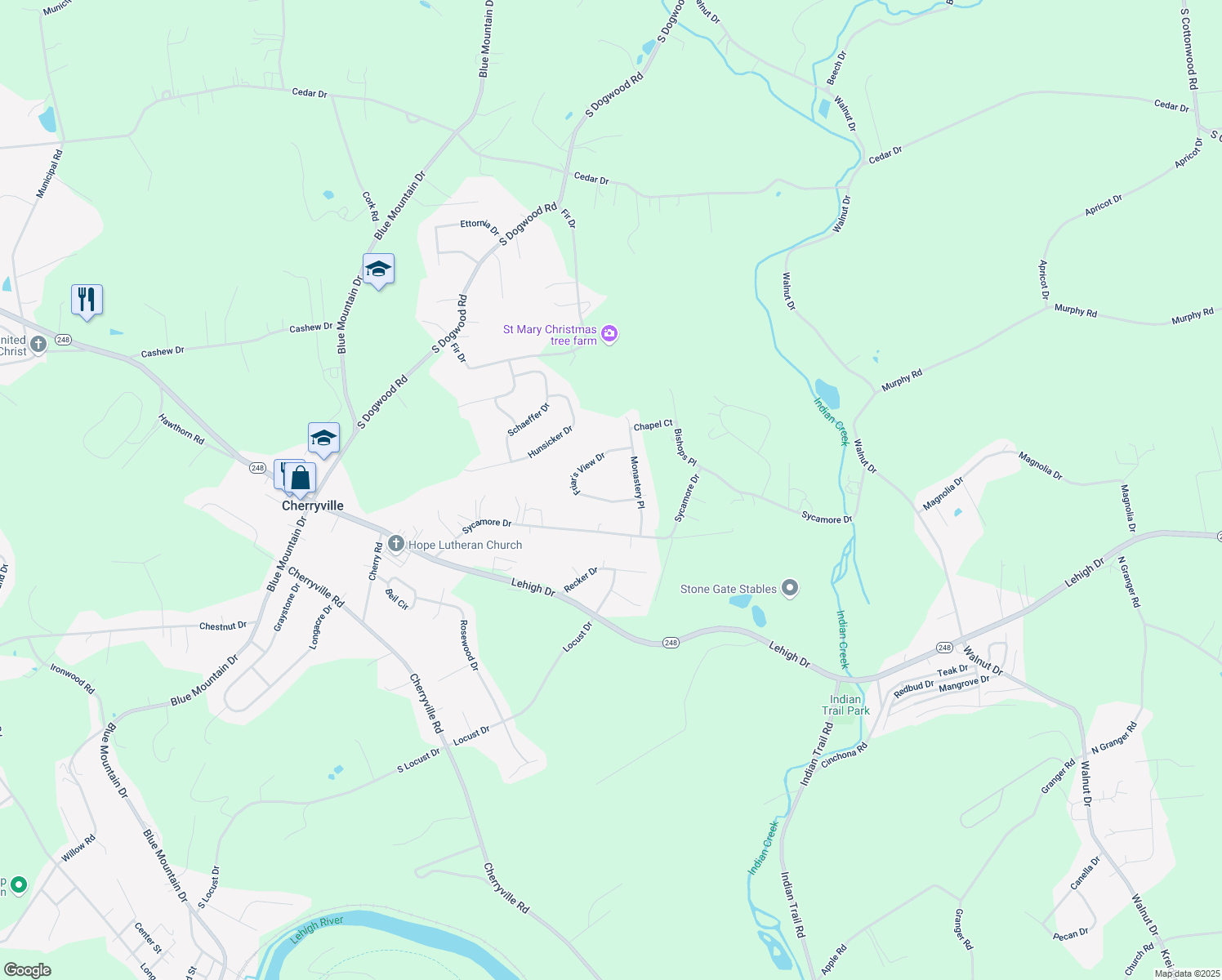 map of restaurants, bars, coffee shops, grocery stores, and more near 4017 Friar's View Drive in Northampton