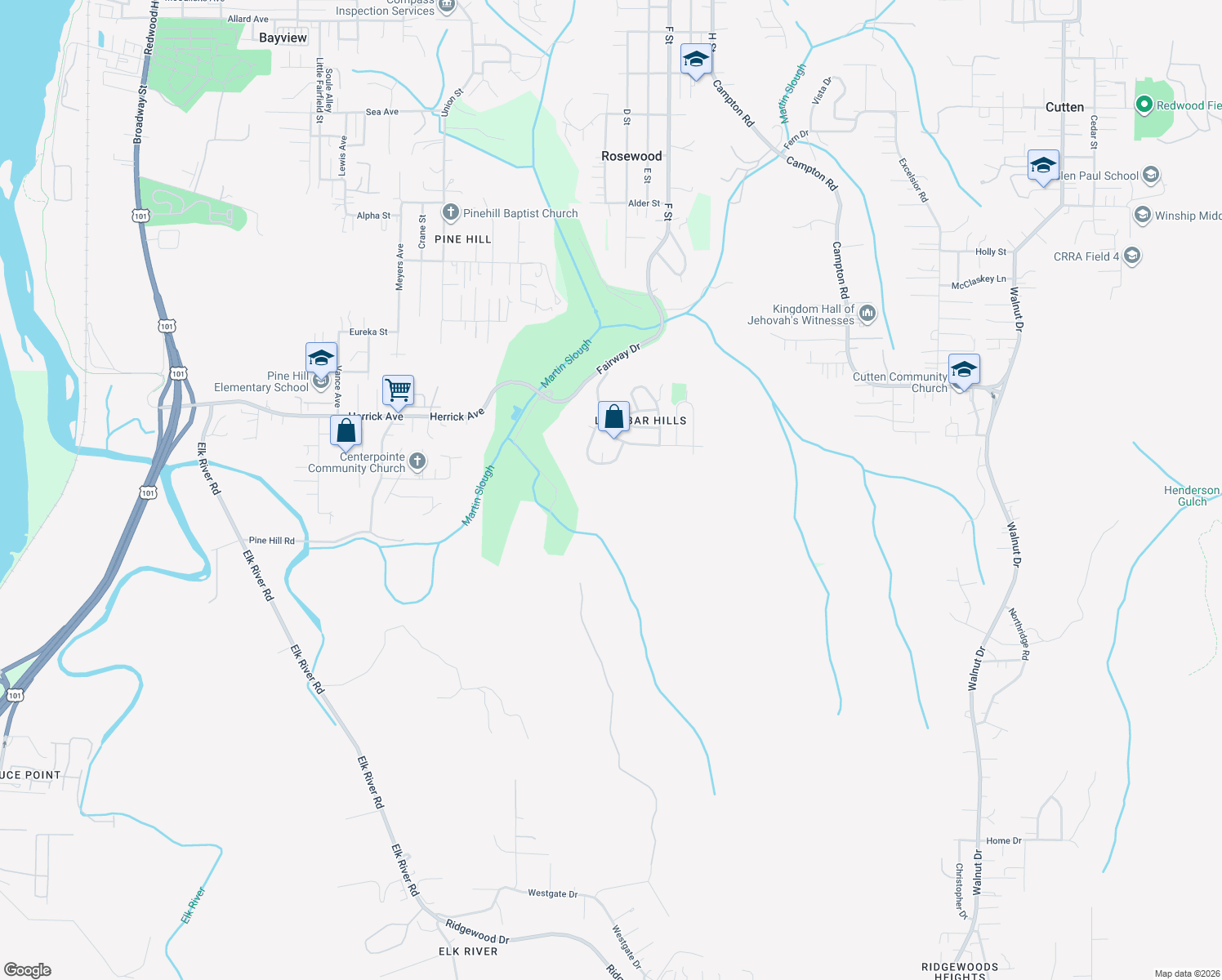 map of restaurants, bars, coffee shops, grocery stores, and more near 217 Boyle Drive in Eureka