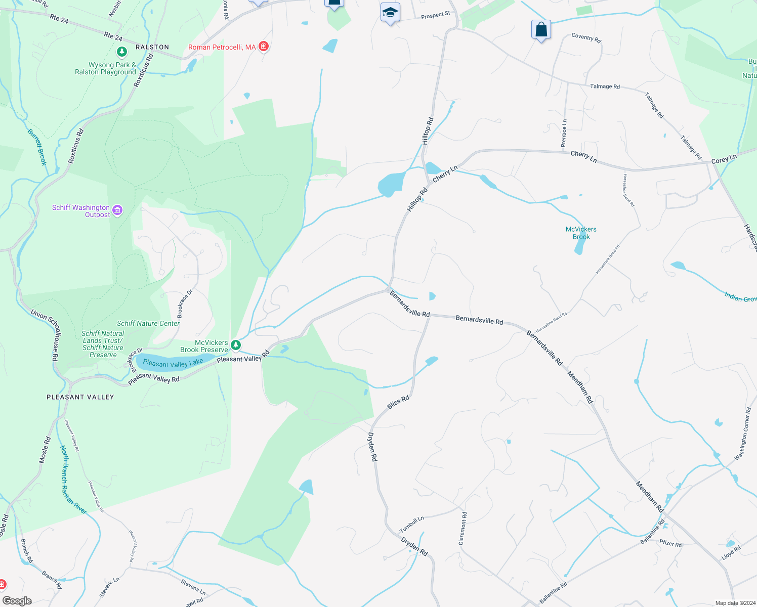 map of restaurants, bars, coffee shops, grocery stores, and more near 9 Balbrook Drive in Mendham