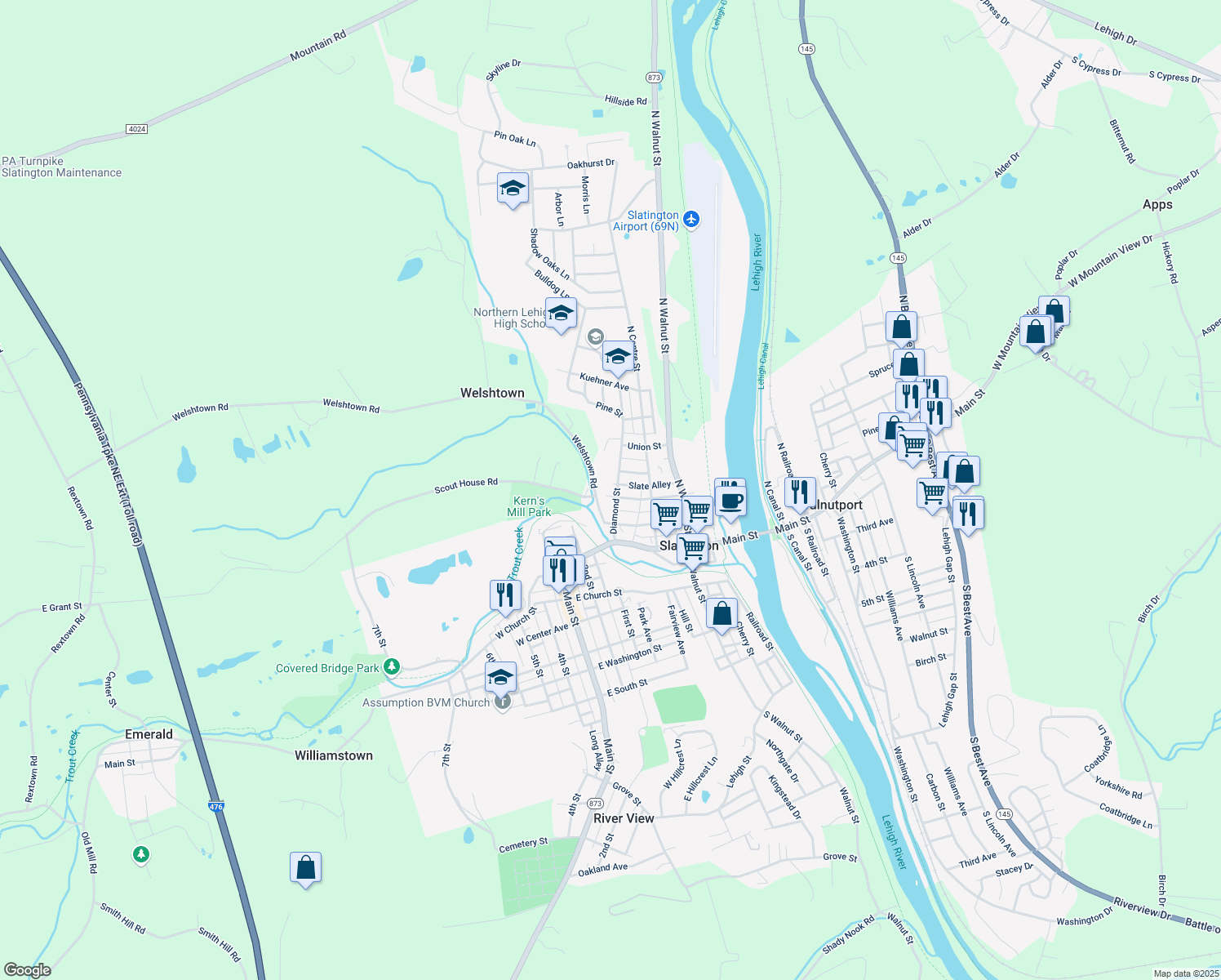 map of restaurants, bars, coffee shops, grocery stores, and more near 217 Diamond Street in Slatington