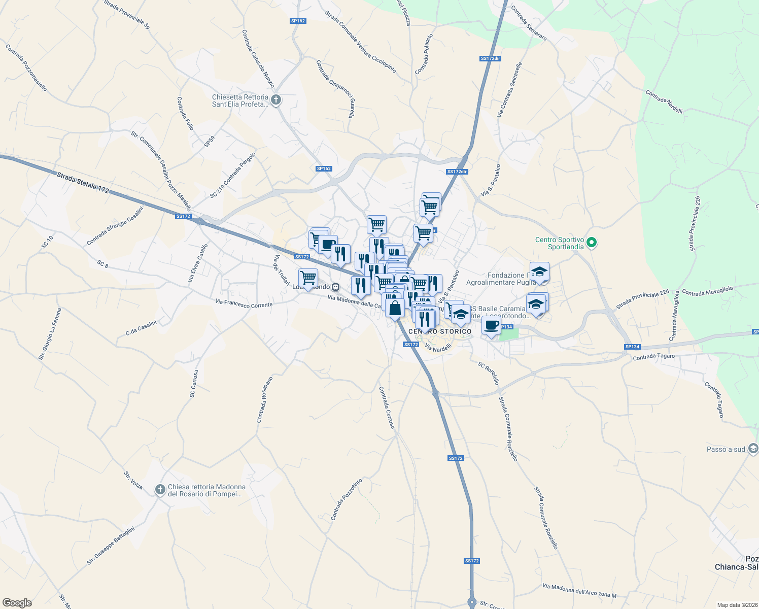 map of restaurants, bars, coffee shops, grocery stores, and more near 20 Via Madonna della Catena in Locorotondo