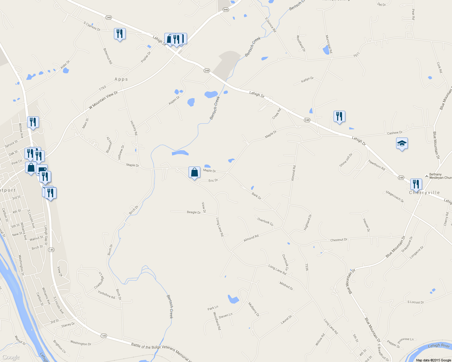 map of restaurants, bars, coffee shops, grocery stores, and more near 4581 Eric Dr in Walnutport
