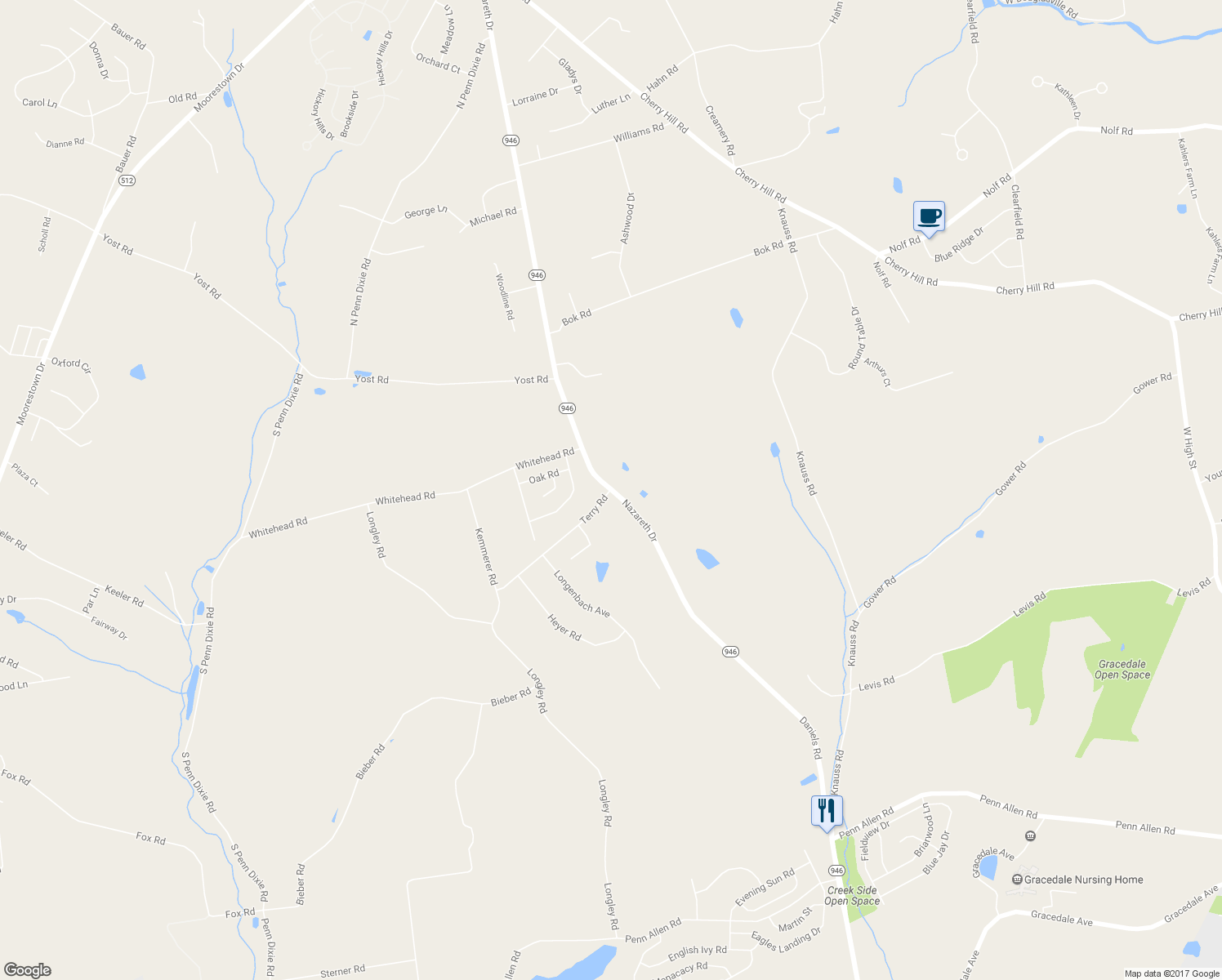 map of restaurants, bars, coffee shops, grocery stores, and more near 2120 Terry Road in Nazareth