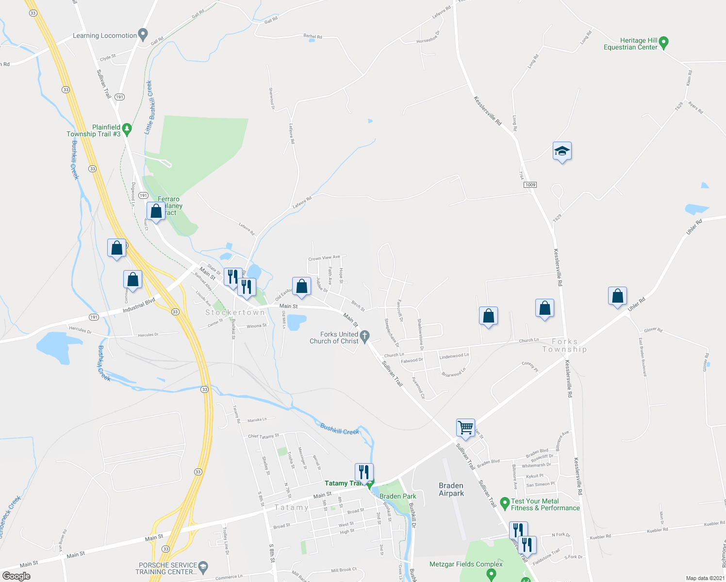 map of restaurants, bars, coffee shops, grocery stores, and more near 400 Birch St in Easton
