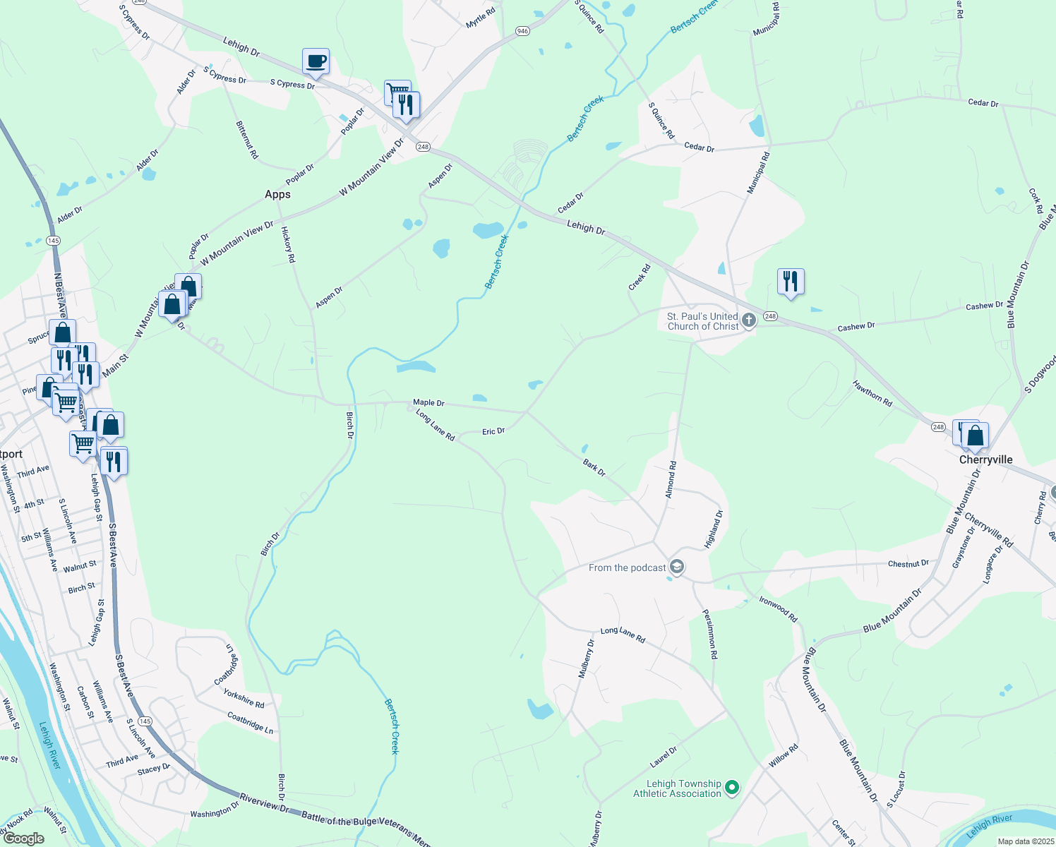 map of restaurants, bars, coffee shops, grocery stores, and more near 745 Bark Drive in Walnutport