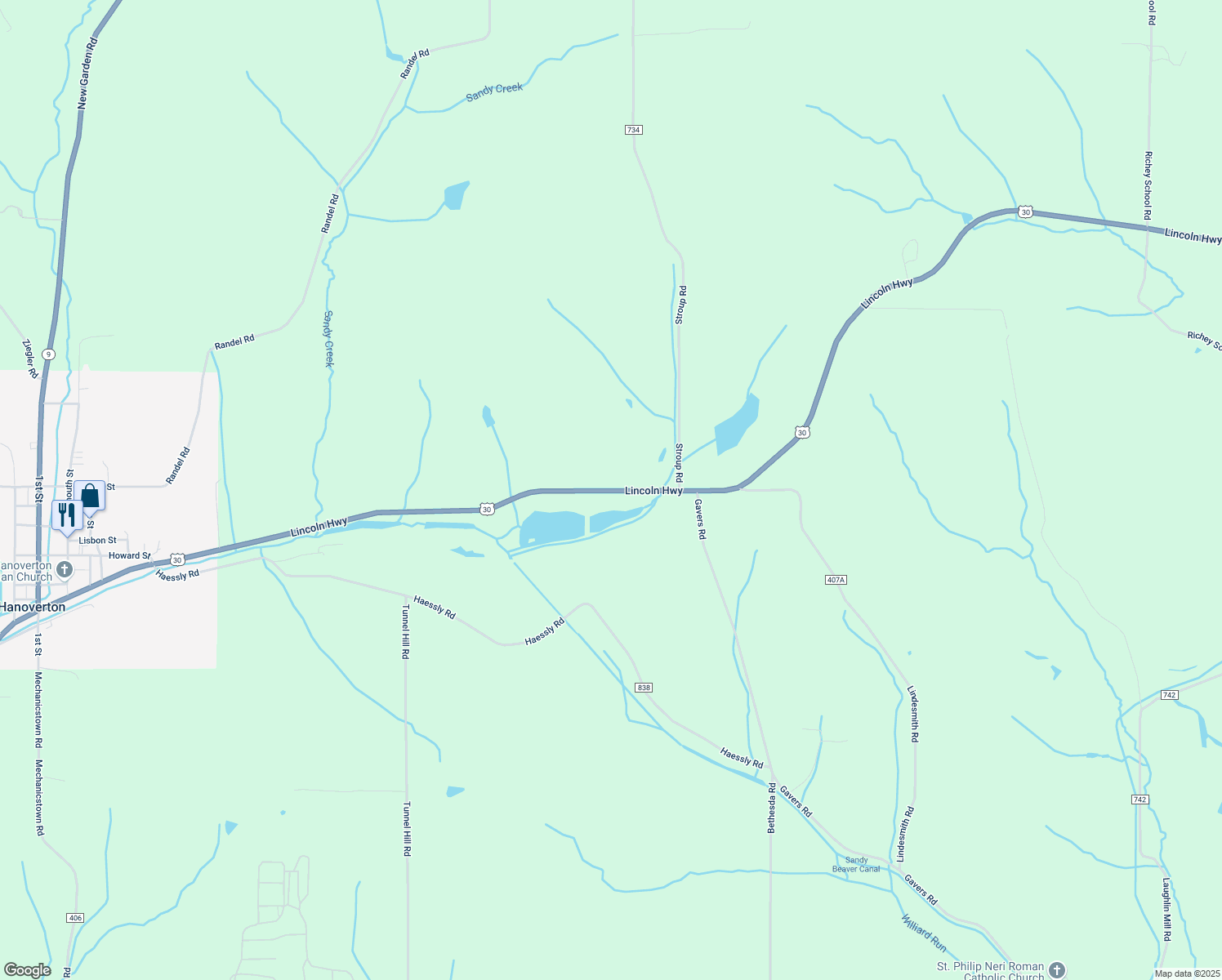 map of restaurants, bars, coffee shops, grocery stores, and more near 30500-31828 Lincoln Highway in Hanoverton