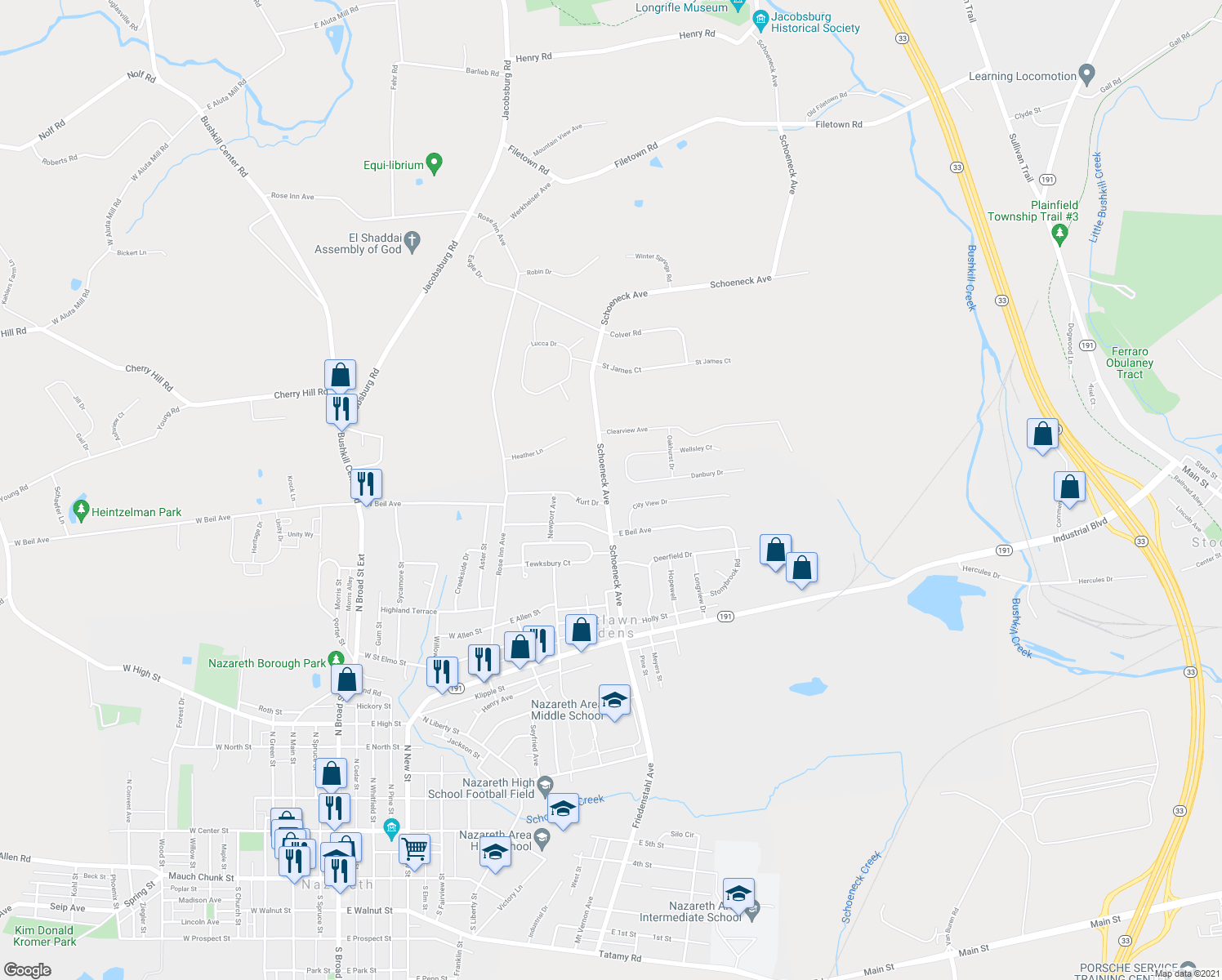 map of restaurants, bars, coffee shops, grocery stores, and more near 260 Schoeneck Avenue in Nazareth