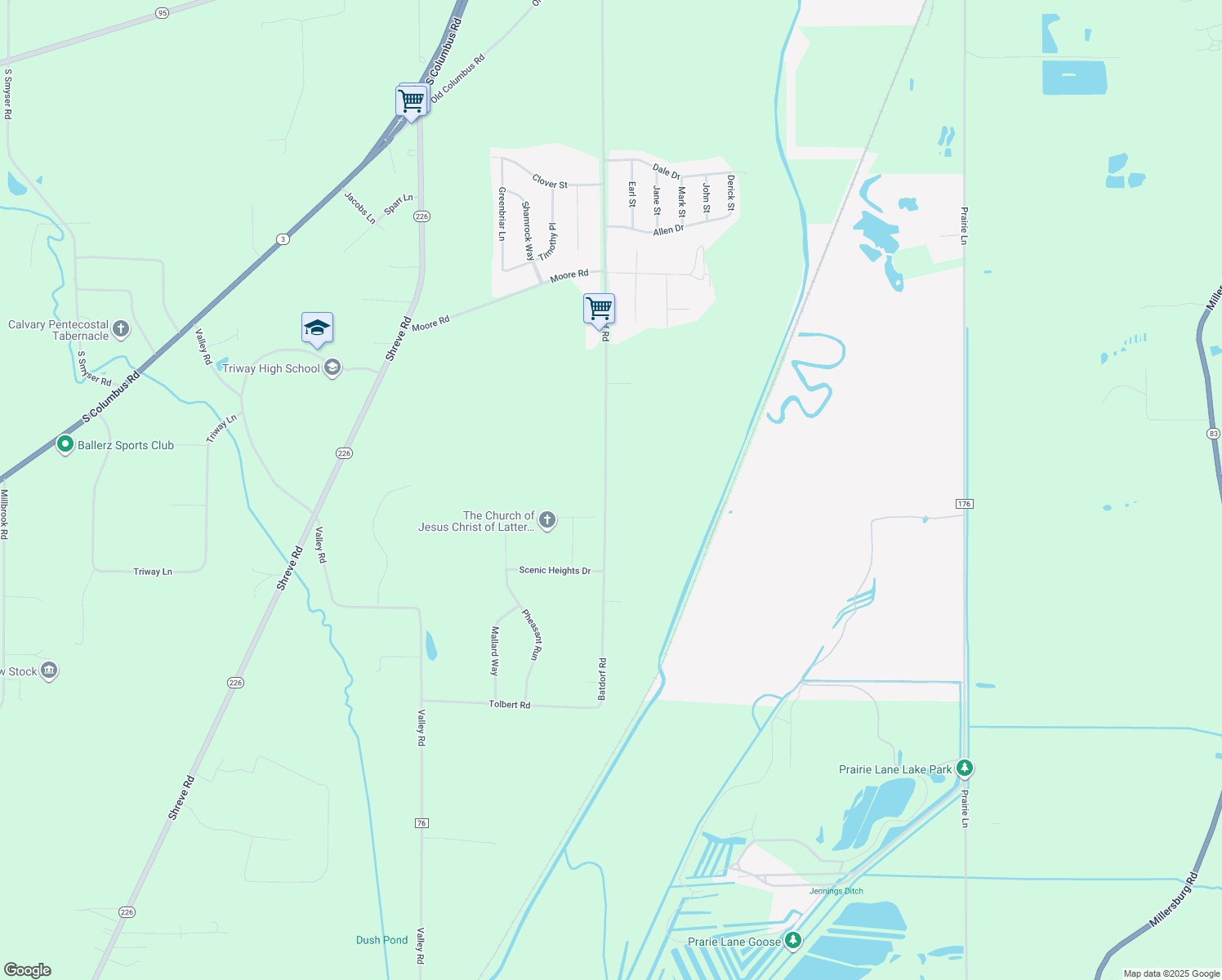 map of restaurants, bars, coffee shops, grocery stores, and more near 3492 Batdorf Road in Wooster