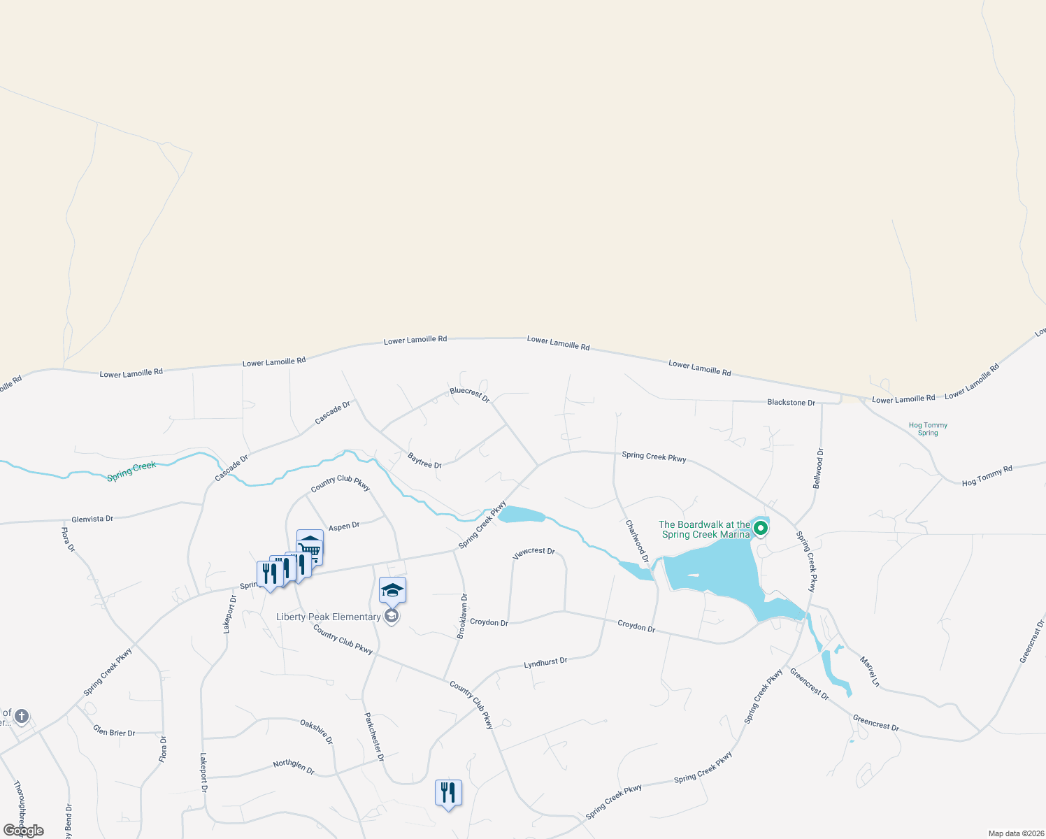 map of restaurants, bars, coffee shops, grocery stores, and more near 156 Bluecrest Dr in Spring Creek