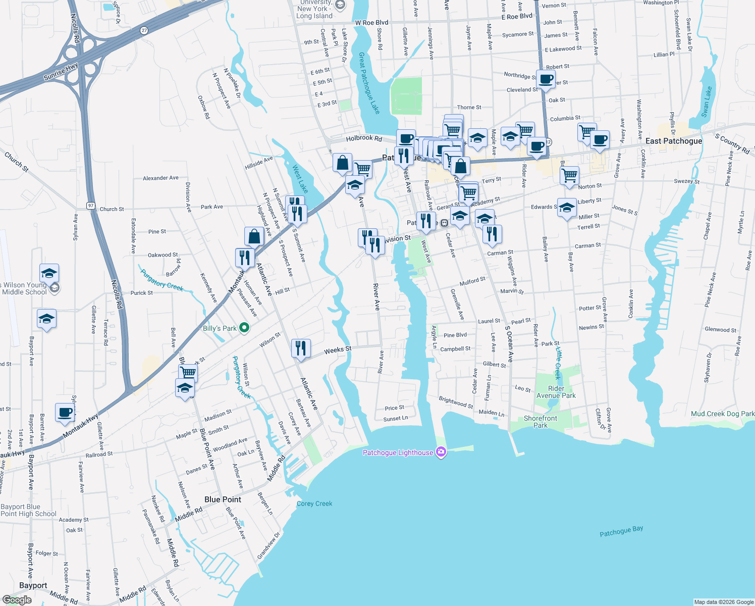 map of restaurants, bars, coffee shops, grocery stores, and more near 232 County Road 65 in Patchogue