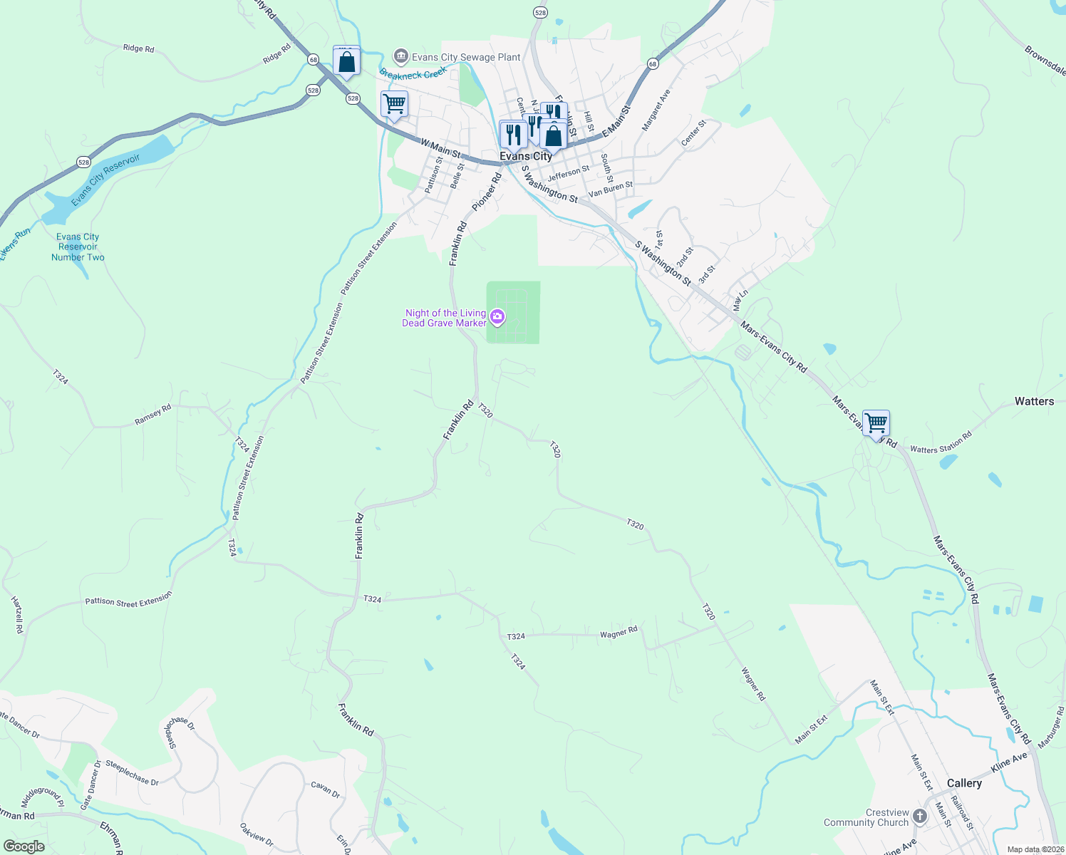 map of restaurants, bars, coffee shops, grocery stores, and more near 133 Schar Road in Evans City