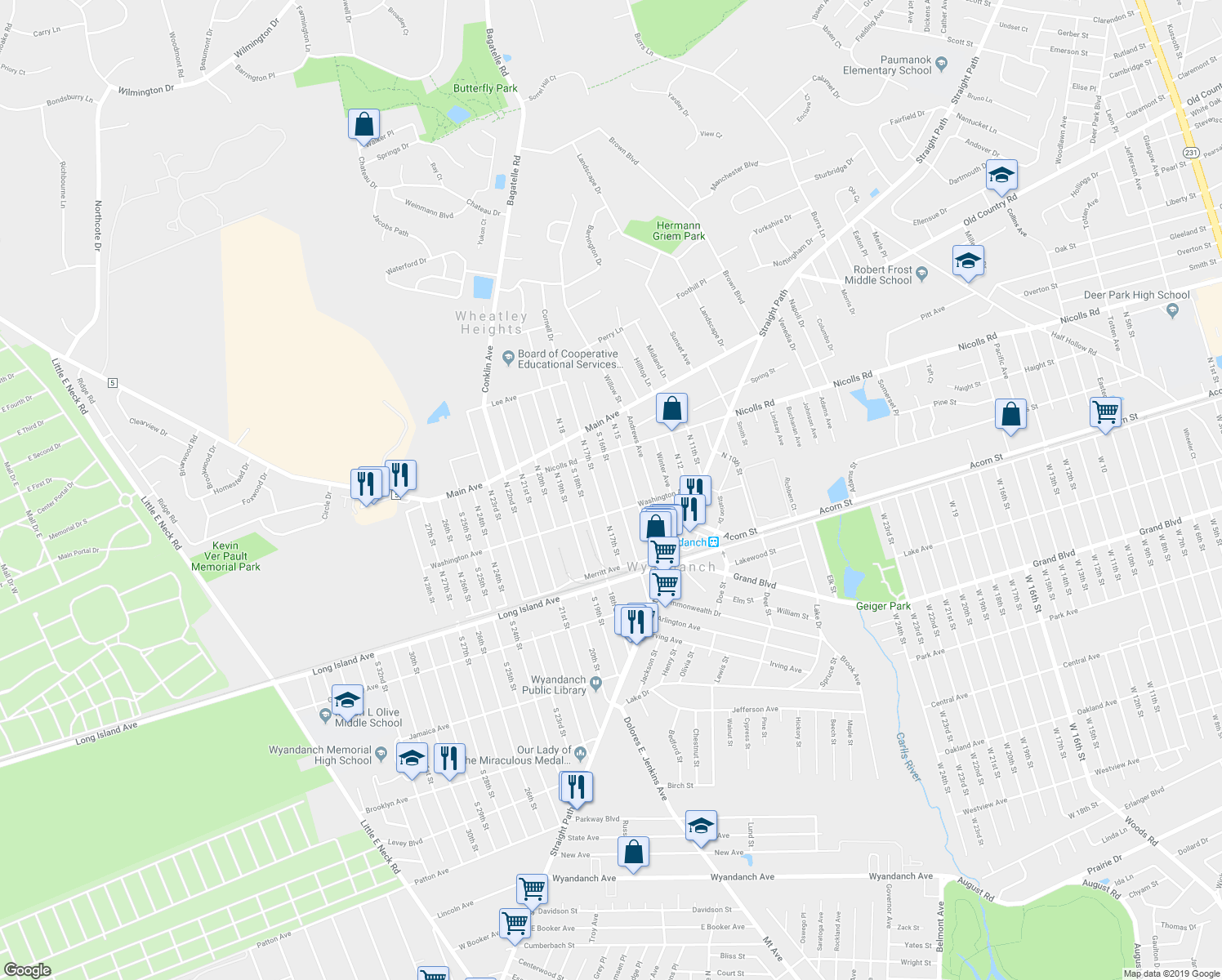 map of restaurants, bars, coffee shops, grocery stores, and more near 62 North 16th Street in Wyandanch