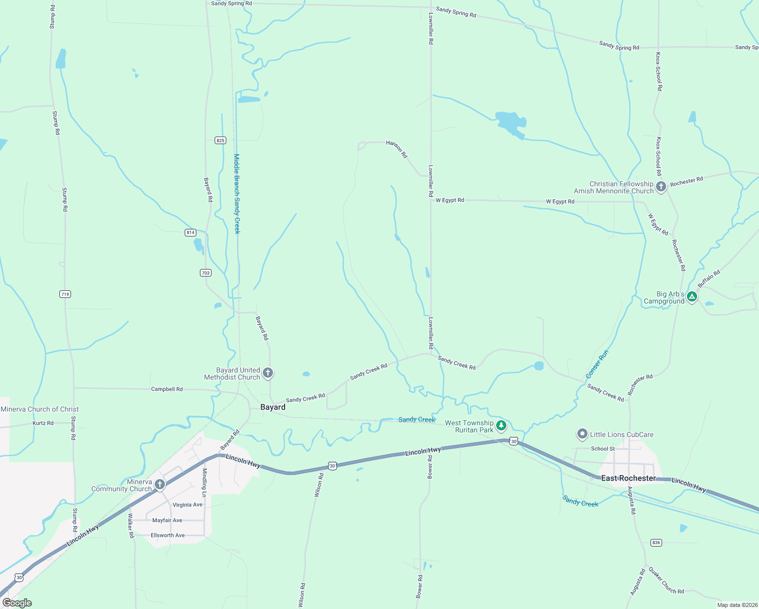 map of restaurants, bars, coffee shops, grocery stores, and more near 23894 Sandy Creek Road in Minerva