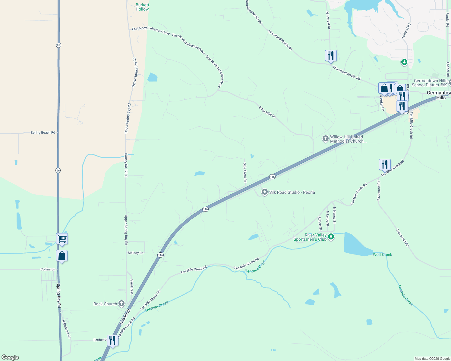 map of restaurants, bars, coffee shops, grocery stores, and more near Parkway Drive in East Peoria