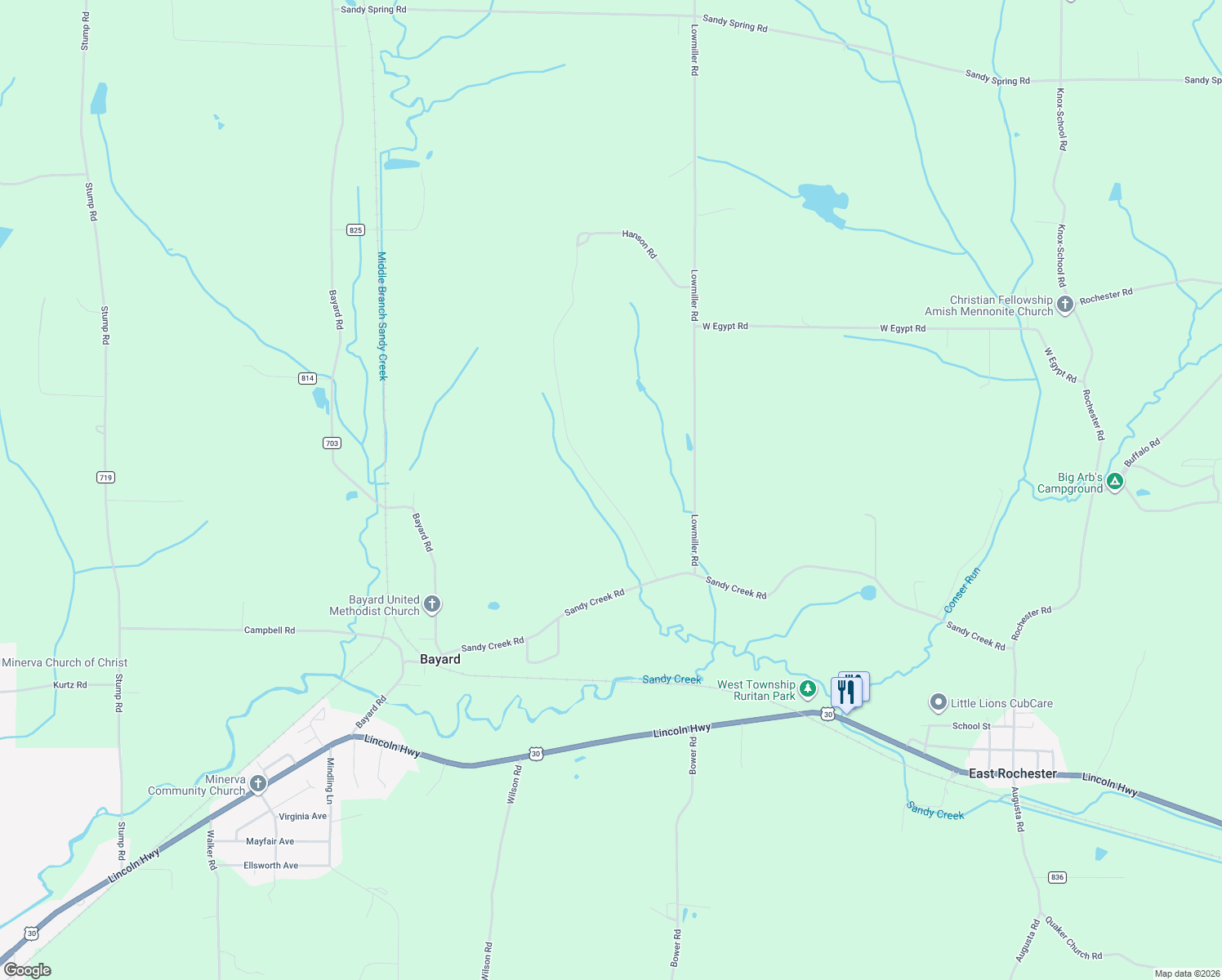 map of restaurants, bars, coffee shops, grocery stores, and more near 23894 Sandy Creek Road in Minerva