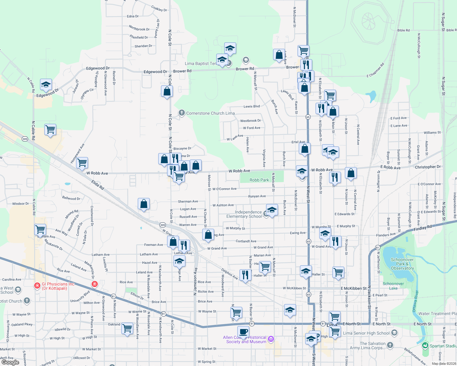 map of restaurants, bars, coffee shops, grocery stores, and more near 825 Brendonwood Drive in Lima