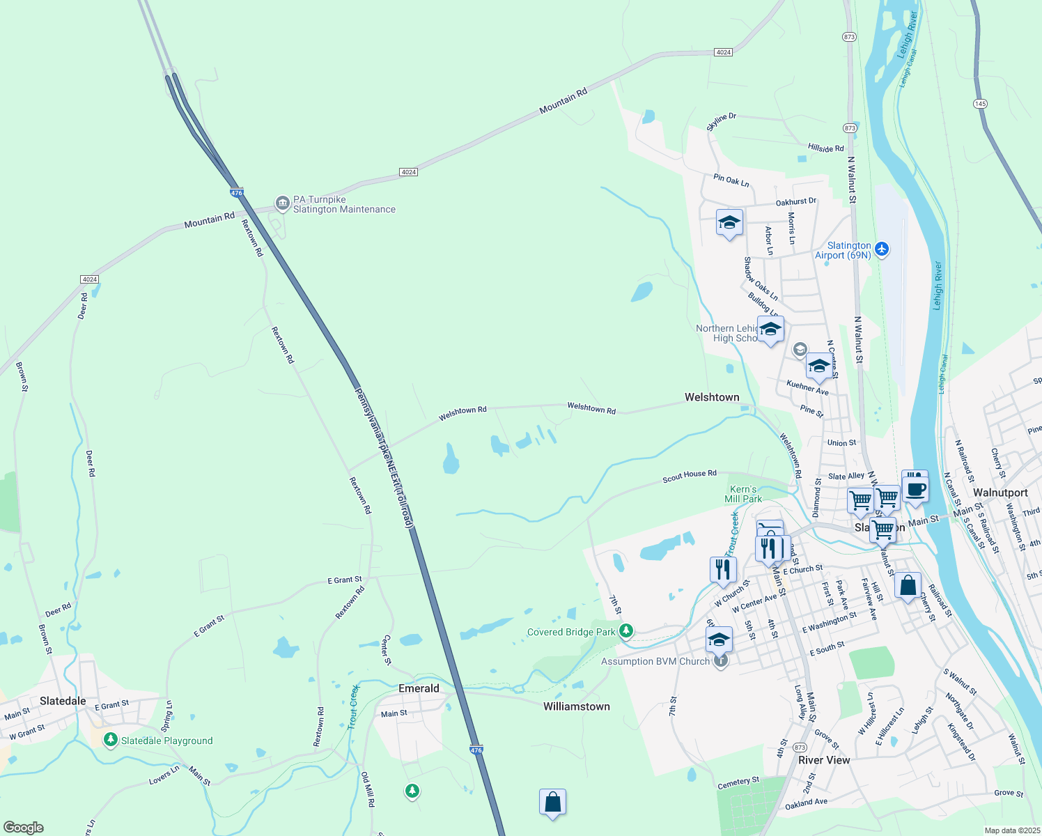 map of restaurants, bars, coffee shops, grocery stores, and more near 2854 Welshtown Road in Slatington