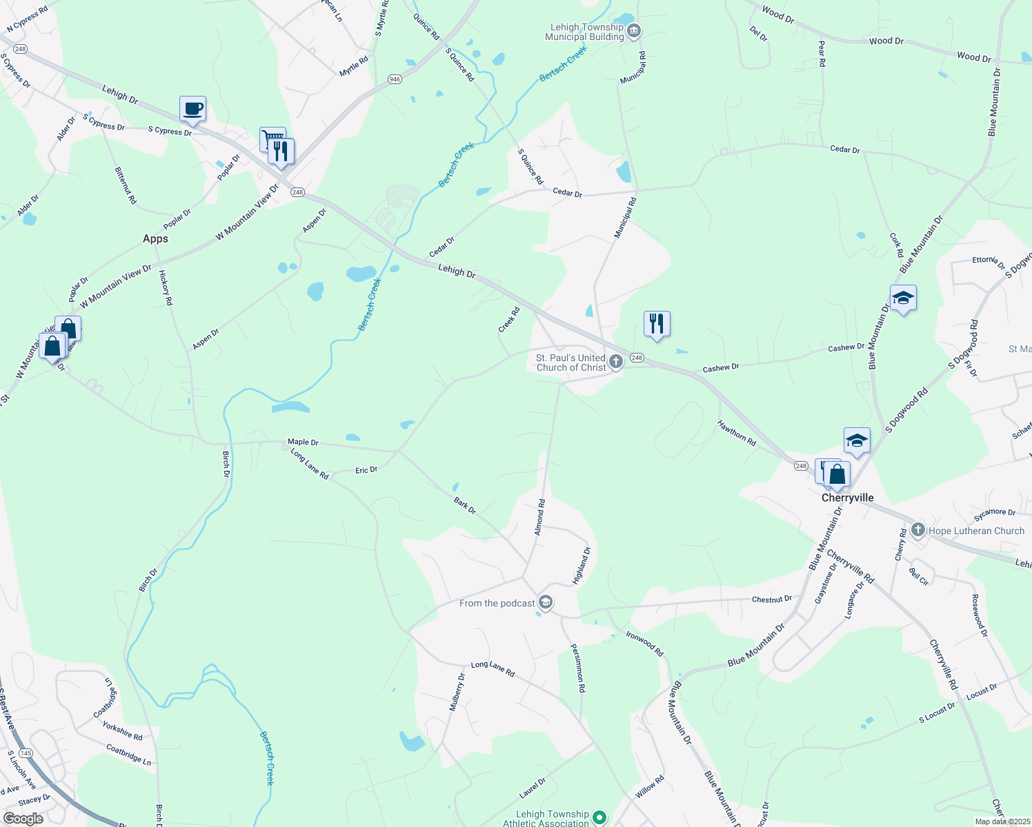 map of restaurants, bars, coffee shops, grocery stores, and more near 763 Almond Road in Walnutport