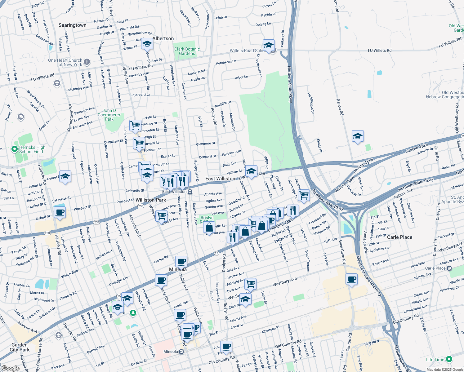 map of restaurants, bars, coffee shops, grocery stores, and more near 419 Latham Lane in East Williston