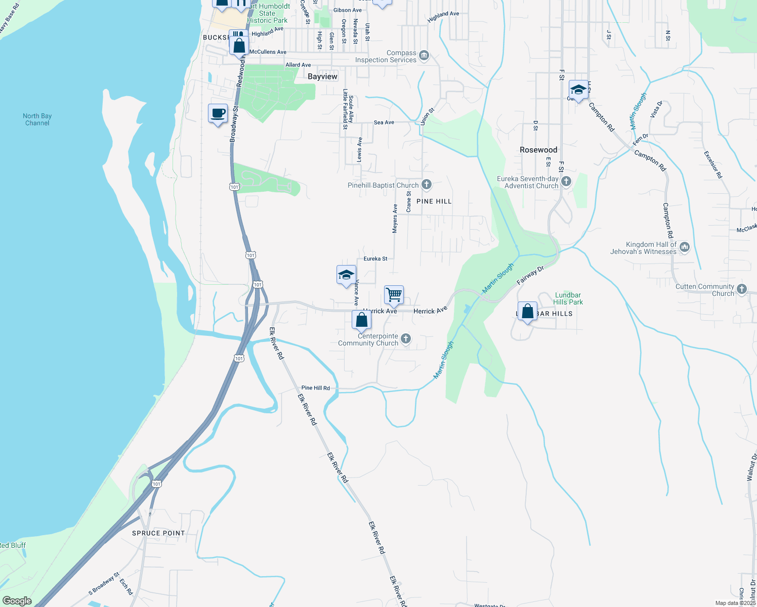 map of restaurants, bars, coffee shops, grocery stores, and more near 5260 Leppek Court in Eureka