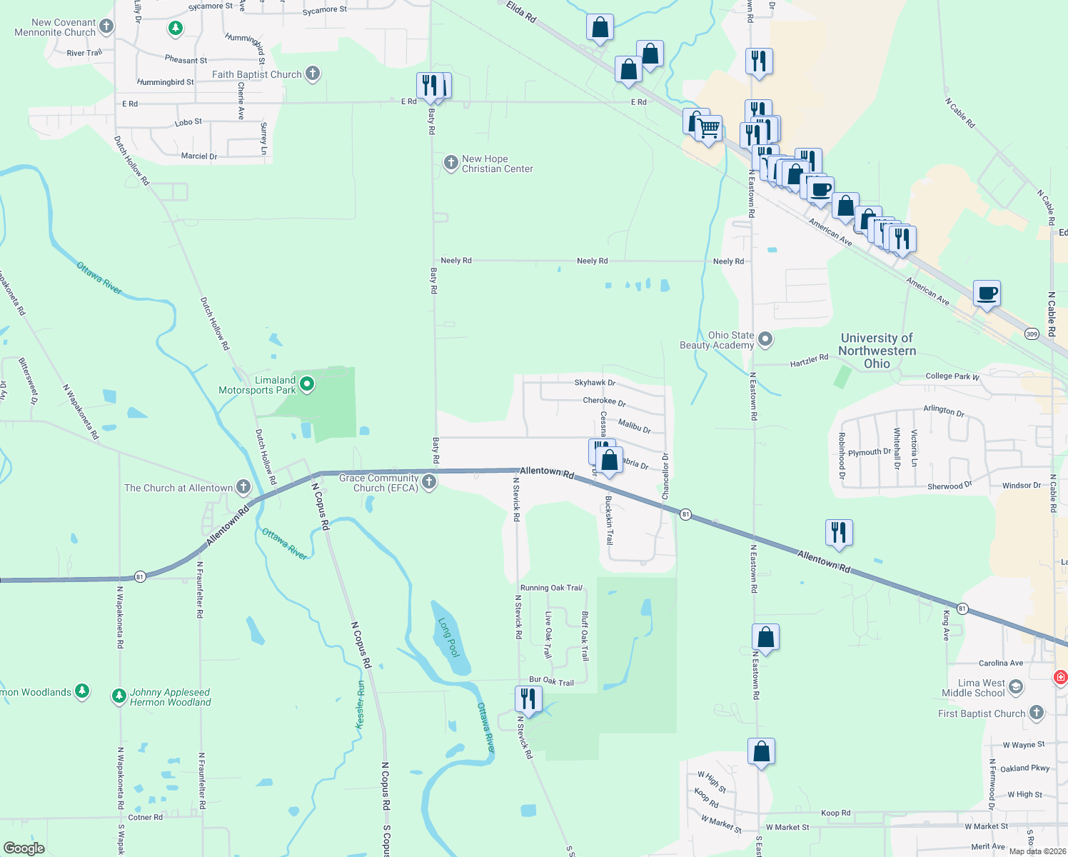 map of restaurants, bars, coffee shops, grocery stores, and more near 1430 George Bingham Dr in Elida