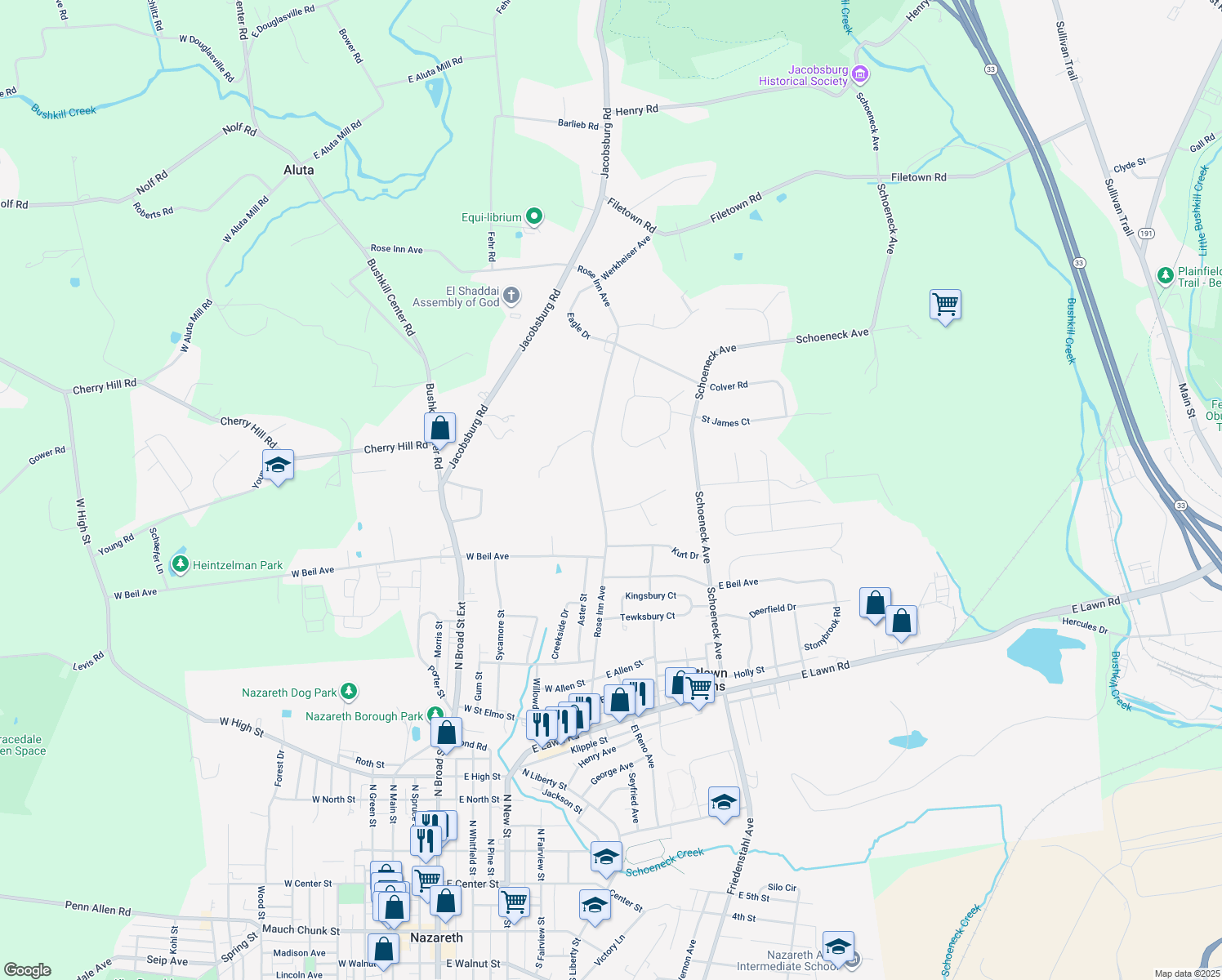 map of restaurants, bars, coffee shops, grocery stores, and more near 412 Rose Inn Avenue in Nazareth