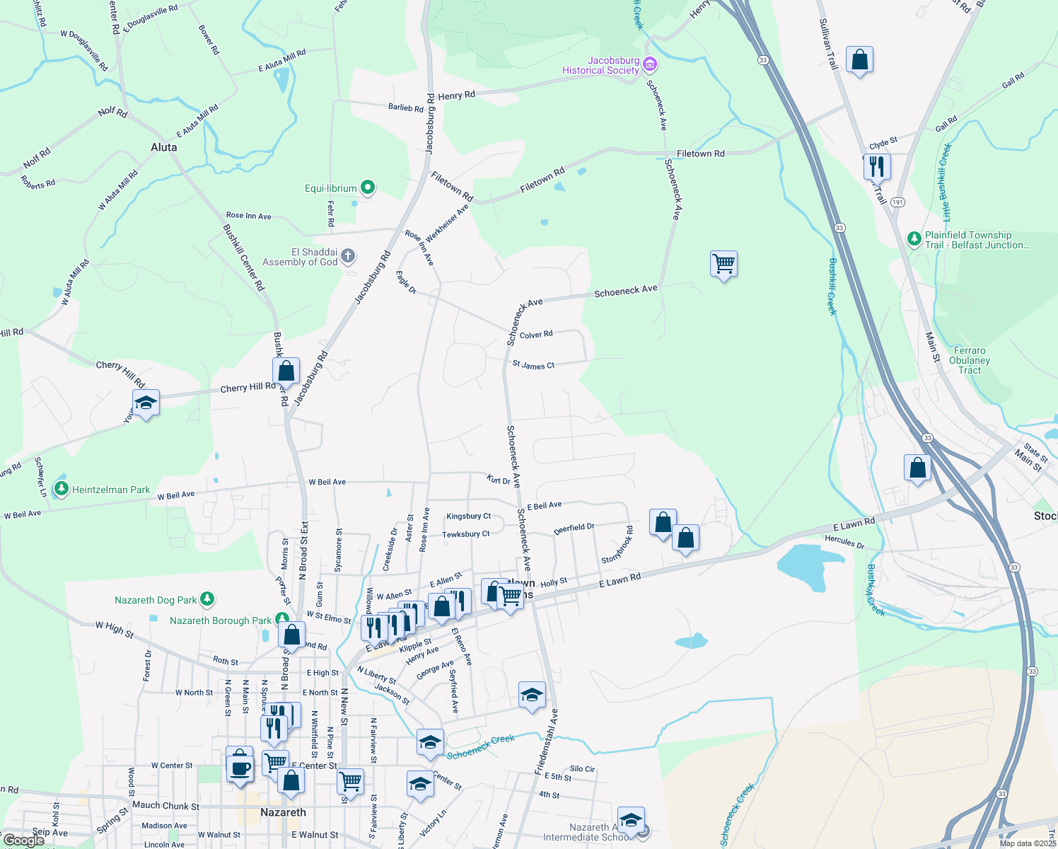 map of restaurants, bars, coffee shops, grocery stores, and more near 310 Clearview Ave in Nazareth