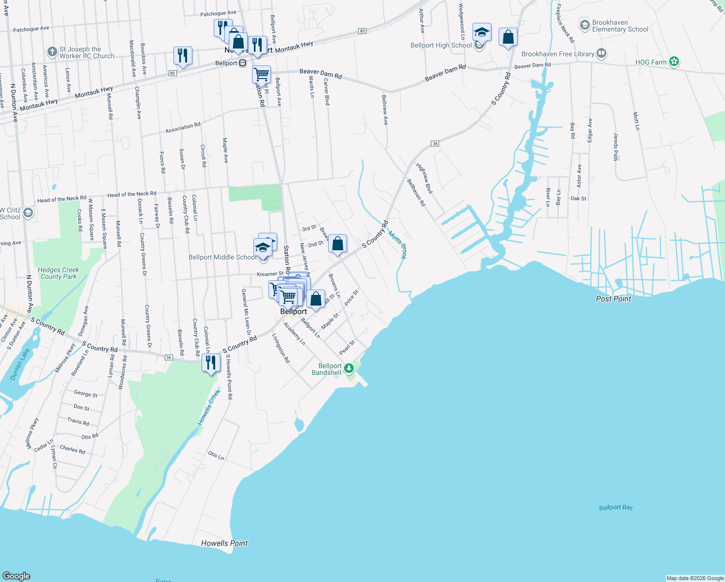 map of restaurants, bars, coffee shops, grocery stores, and more near 23 Brewster Lane in Bellport