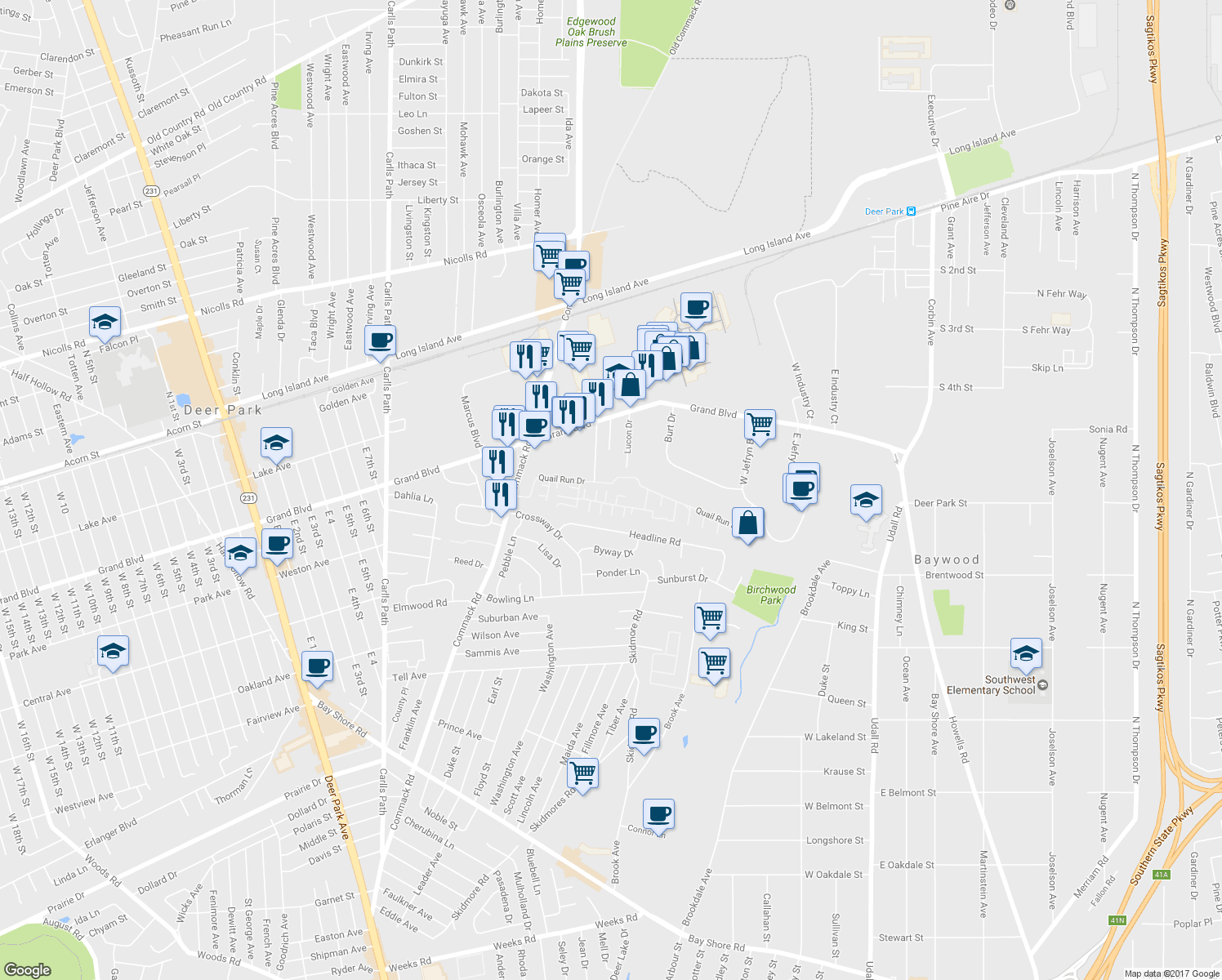 map of restaurants, bars, coffee shops, grocery stores, and more near 47 Greenmeadow Court in Deer Park