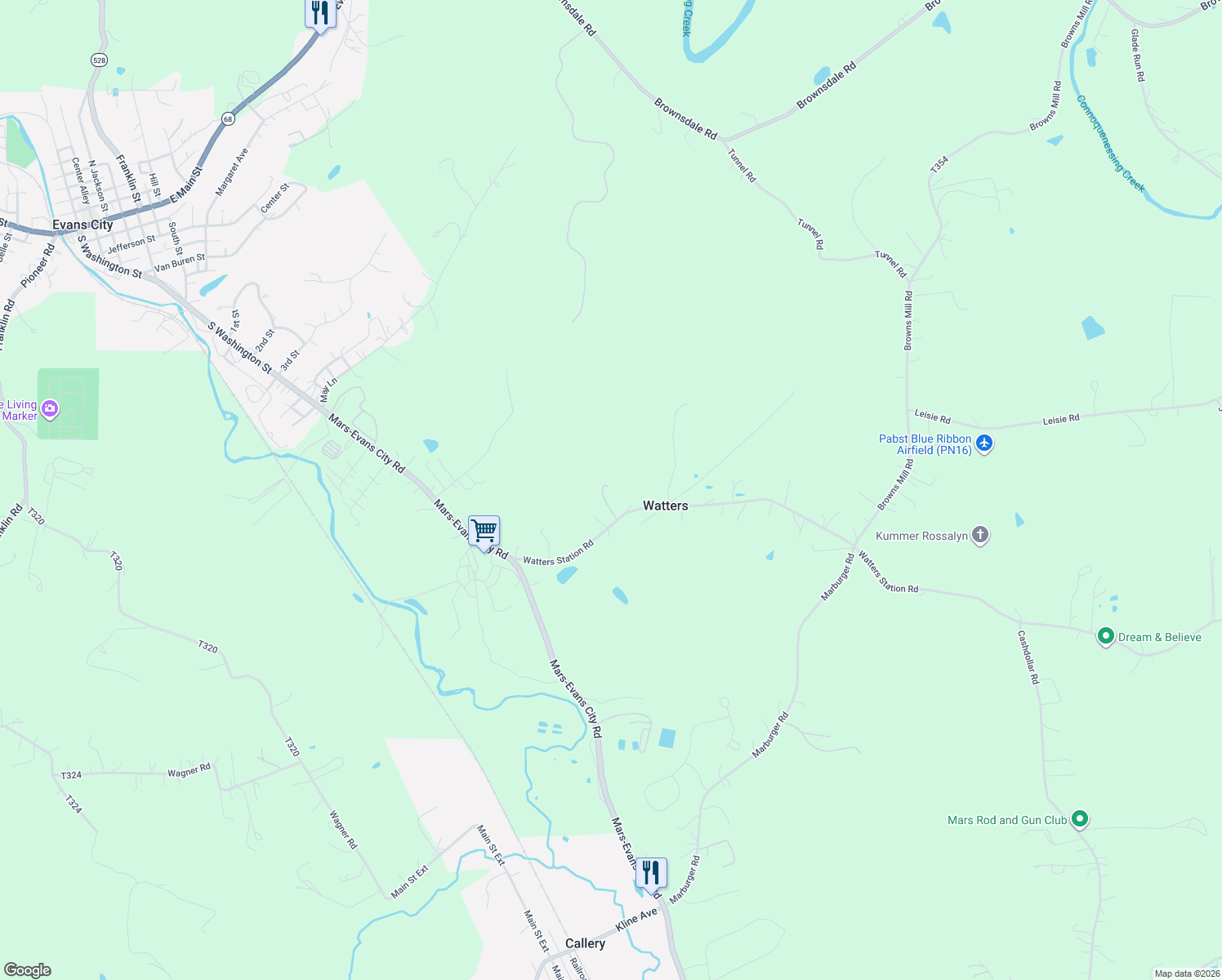 map of restaurants, bars, coffee shops, grocery stores, and more near 135 Watters Station Road in Evans City