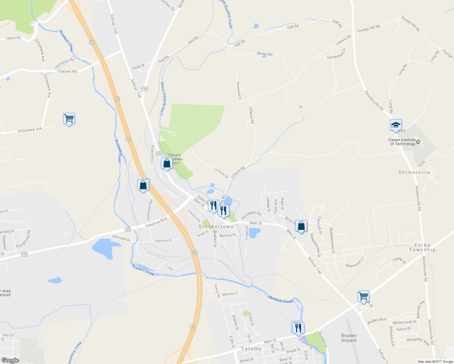 map of restaurants, bars, coffee shops, grocery stores, and more near 216 Lefevre Road in Easton