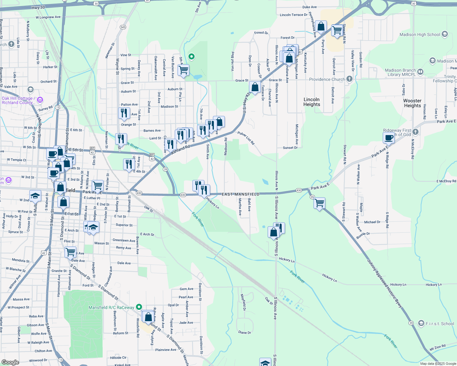 map of restaurants, bars, coffee shops, grocery stores, and more near 52 Madison Road in Mansfield