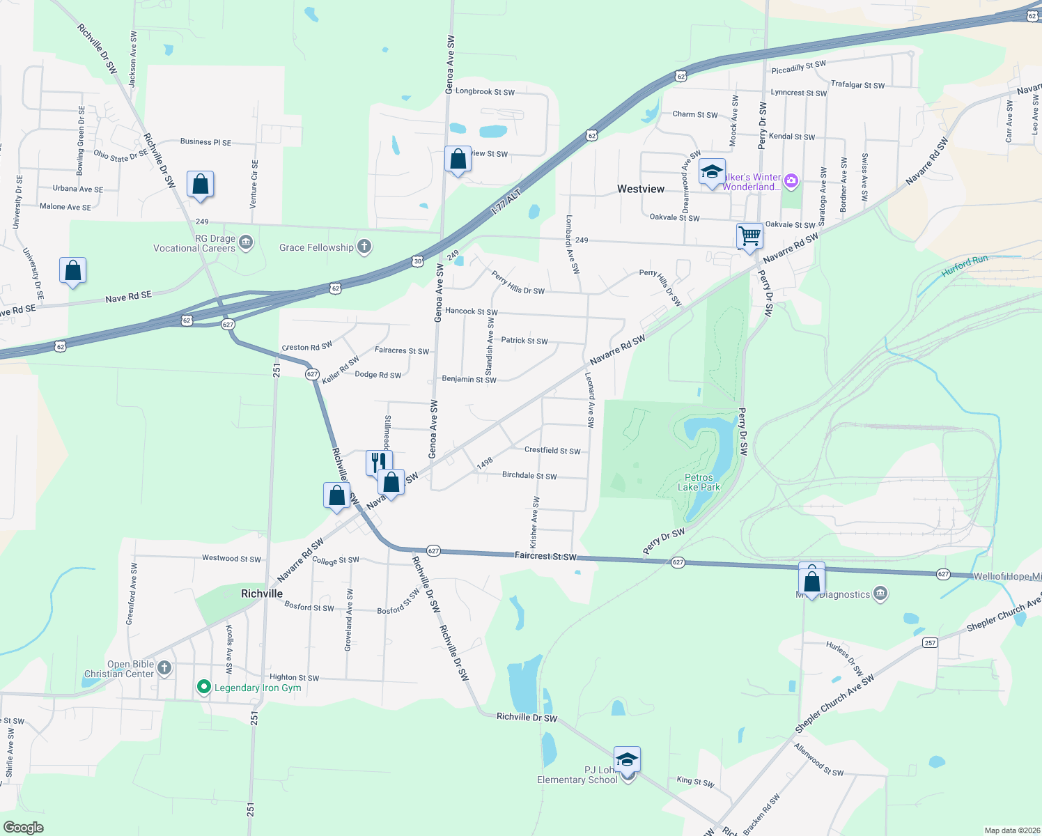 map of restaurants, bars, coffee shops, grocery stores, and more near 5770 Navarre Rd SW in Canton