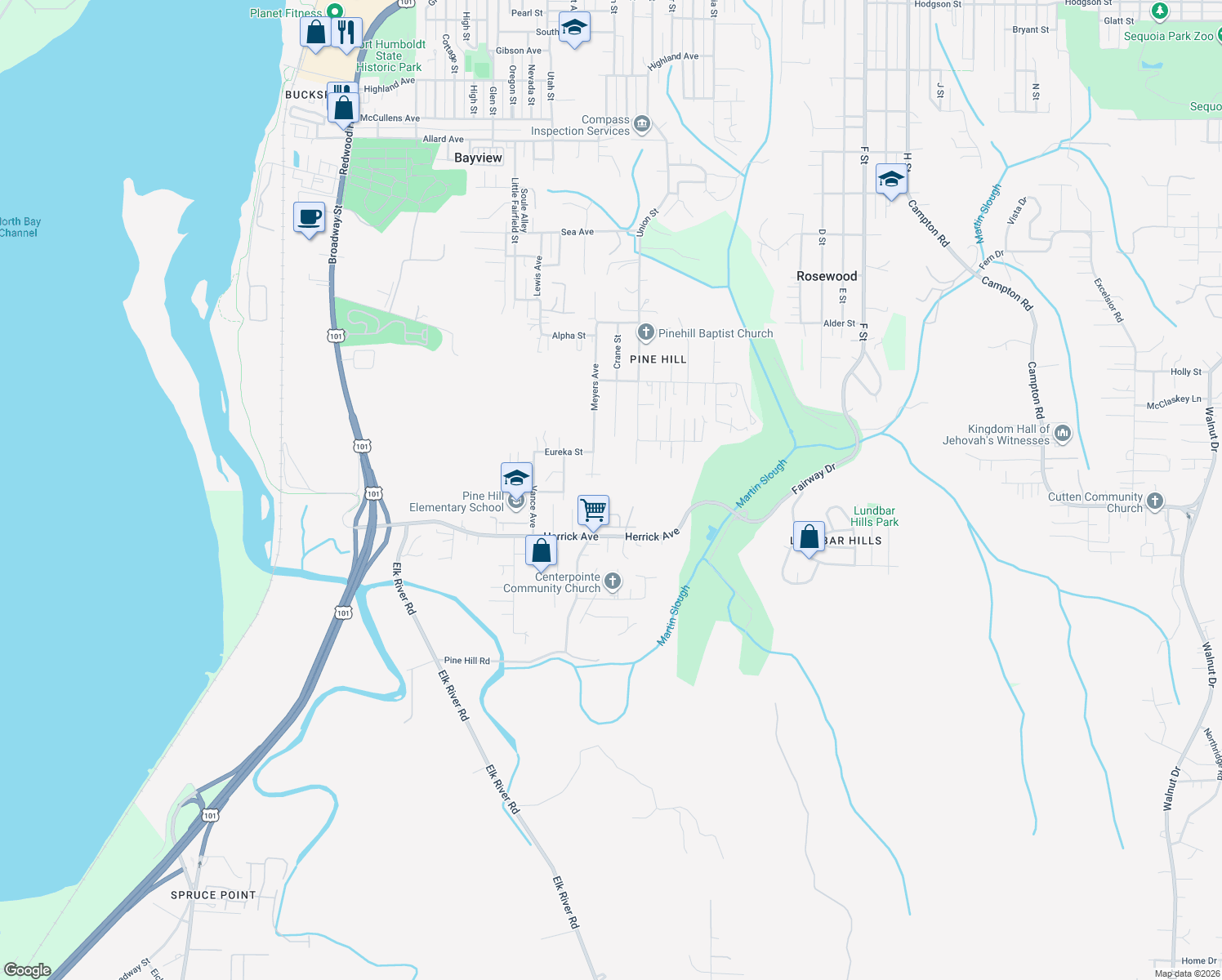 map of restaurants, bars, coffee shops, grocery stores, and more near 5127 Meyers Avenue in Eureka