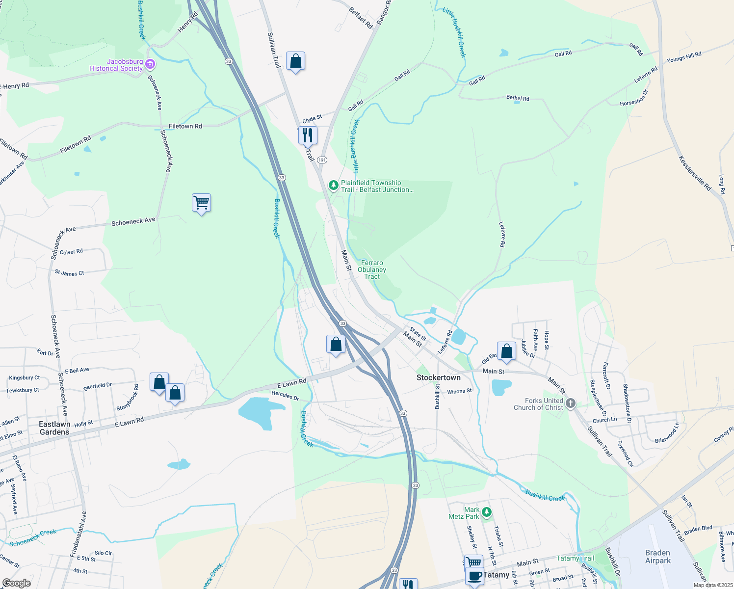 map of restaurants, bars, coffee shops, grocery stores, and more near 513 Main St in Easton