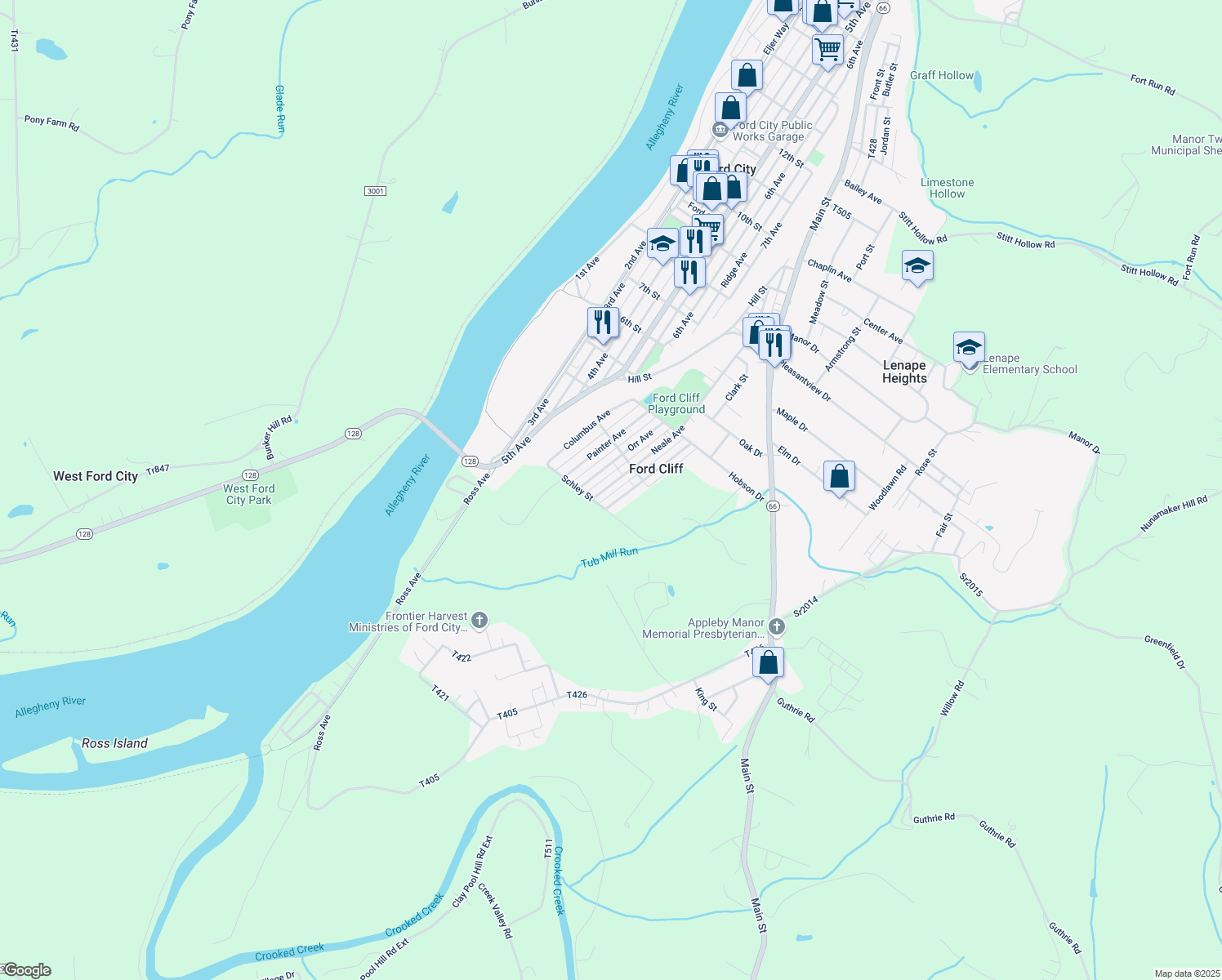 map of restaurants, bars, coffee shops, grocery stores, and more near 720 Neale Avenue in Ford Cliff