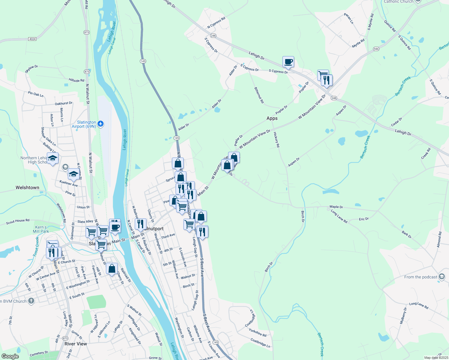 map of restaurants, bars, coffee shops, grocery stores, and more near 4857 Main St in Walnutport