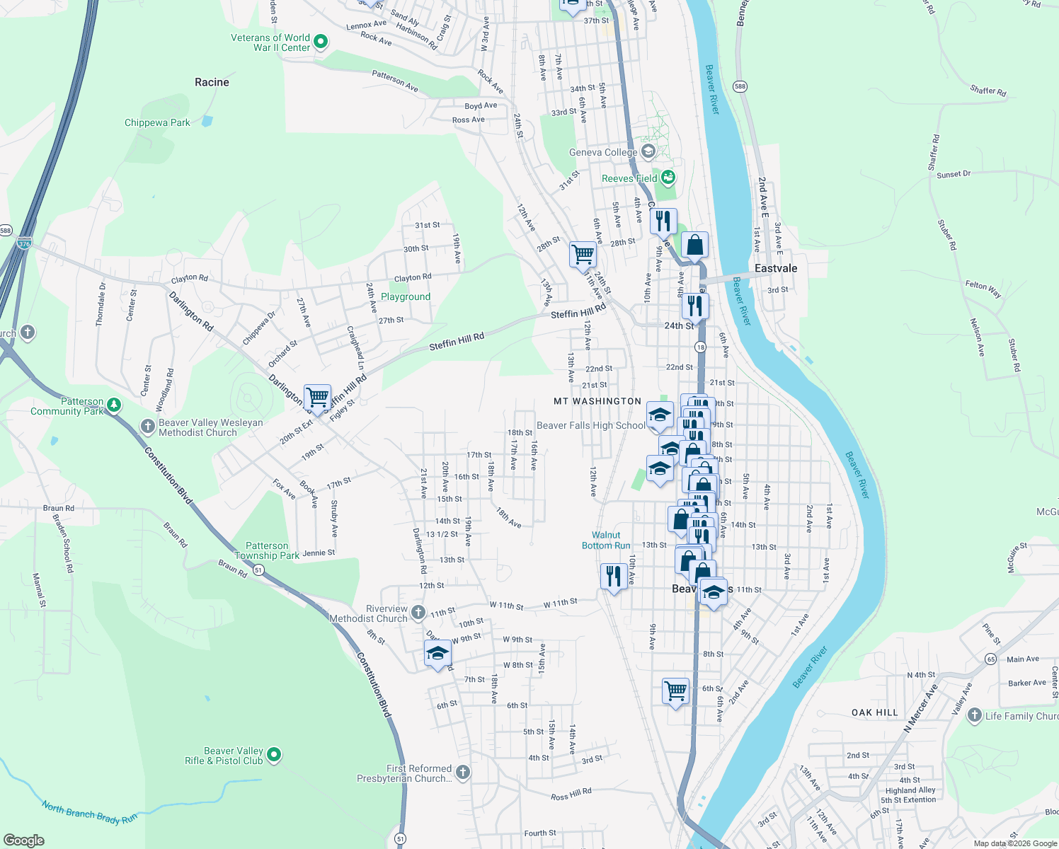 map of restaurants, bars, coffee shops, grocery stores, and more near 1809 16th Ave in Beaver Falls