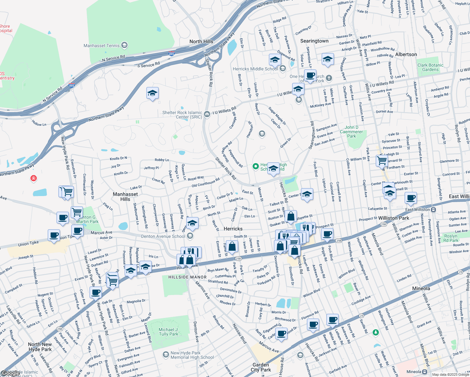 map of restaurants, bars, coffee shops, grocery stores, and more near 1027 Cedar Drive East in New Hyde Park