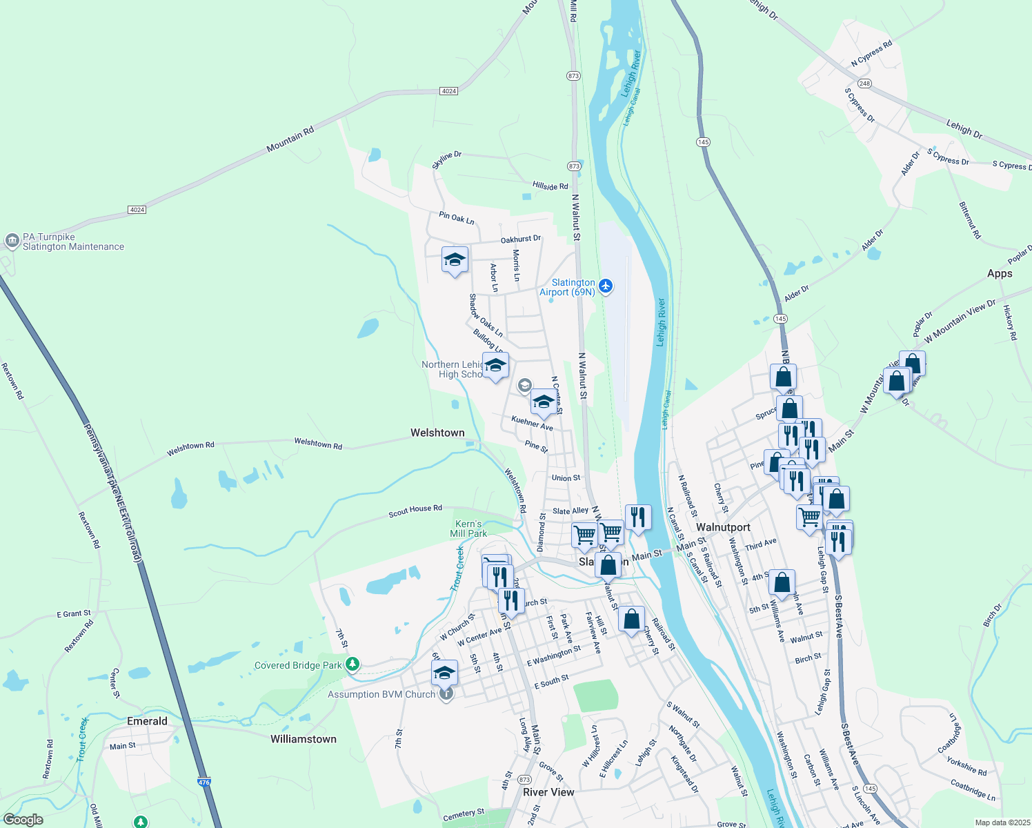 map of restaurants, bars, coffee shops, grocery stores, and more near 440 Kuehner Avenue in Slatington