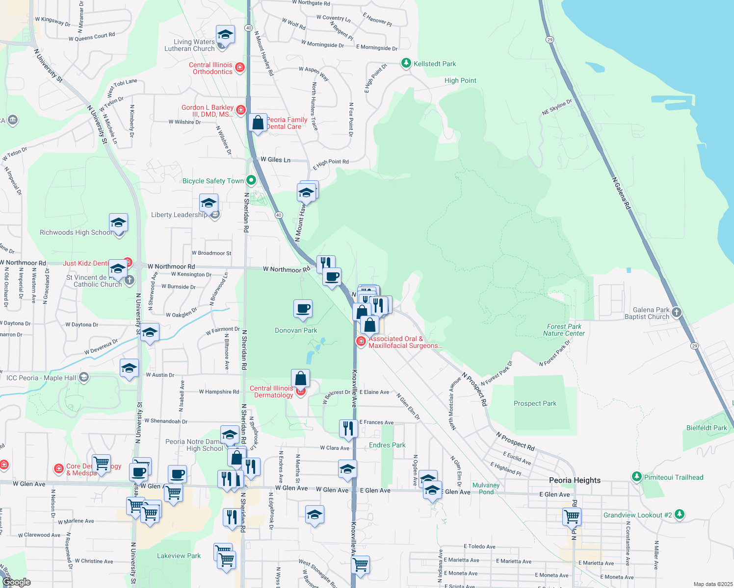map of restaurants, bars, coffee shops, grocery stores, and more near 6009 N Wickwood Rd in Peoria