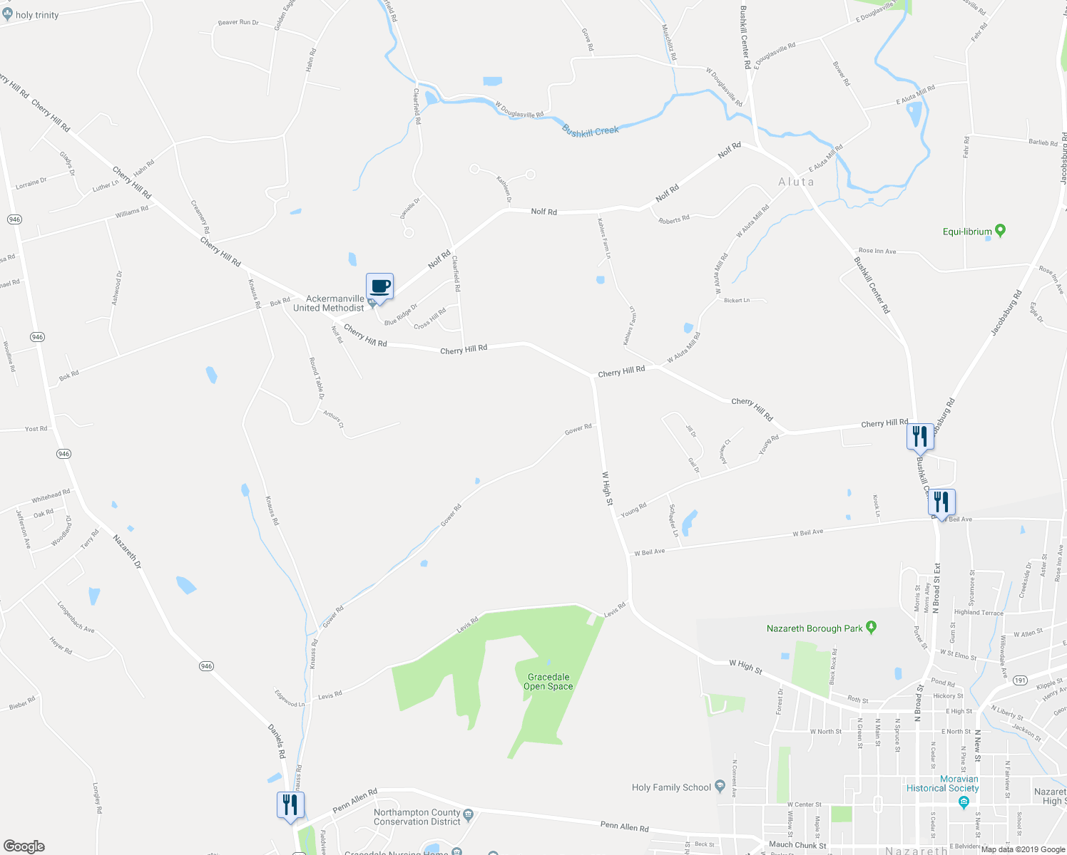 map of restaurants, bars, coffee shops, grocery stores, and more near 324 Gower Road in Nazareth