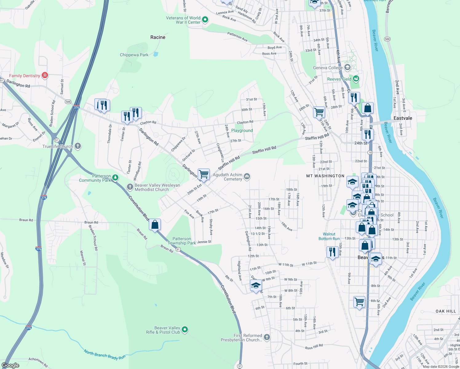 map of restaurants, bars, coffee shops, grocery stores, and more near 2103 18th St in Beaver Falls